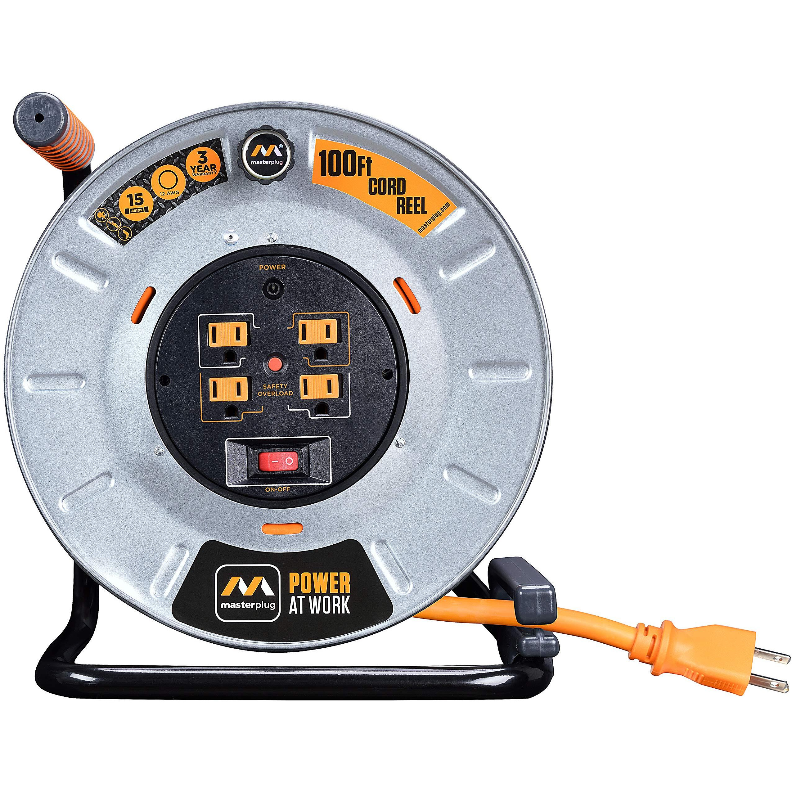 Masterplug Metal Steel Drum With Four Powered Outlets  Open Cord Reel Extension Cord With Winding Handle  Overload Circuit Breaker  And Power Switch  100 Feet 12Awg  High Visibility Cord