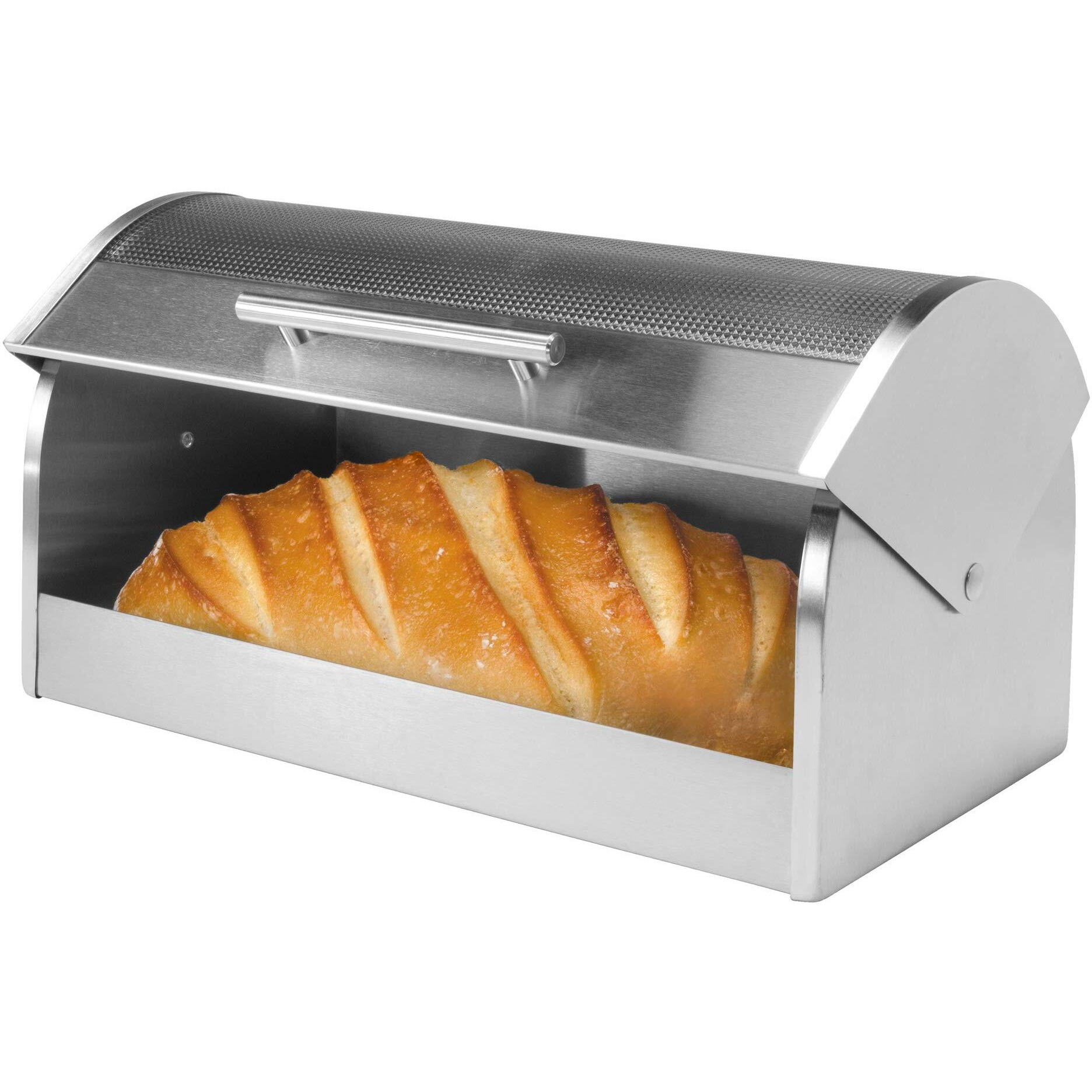 Oggi Stainless Steel Roll Top Bread Box For Kitchen Countertop With Tempered Glass Lid - Fits Multiple Large Loaves Of Bread And Other Freshly Baked Goods Including Cookies  Bagels  Muffins