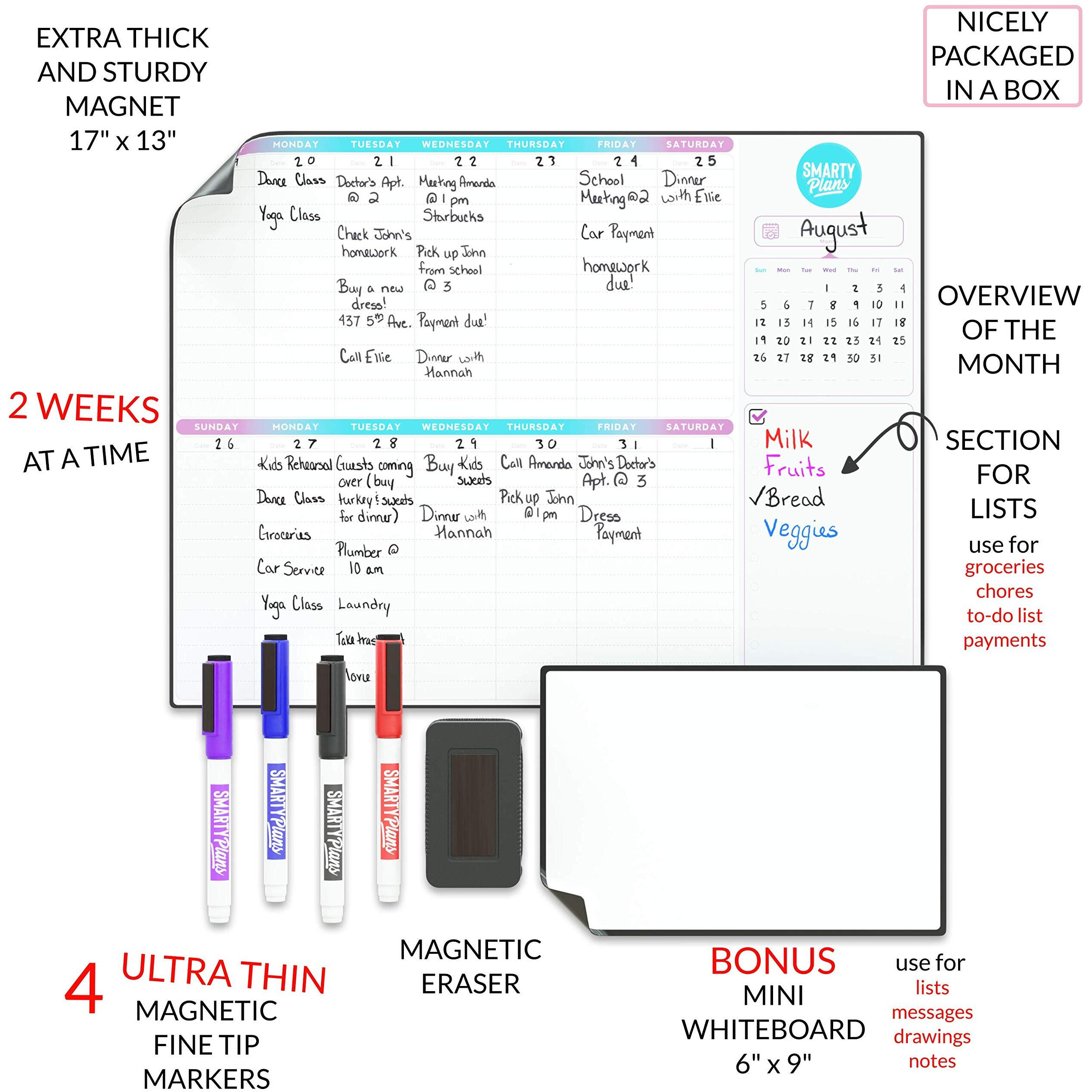 Smartyplans Dry Erase Weekly Extra Thick Magnetic Calendar For Refrigerator 17X13"" Two Week Planner And 6X9"" White Board  4 Fine Tip Markers And Eraser With Magnets. Stain Resistant. Shipped Flat.