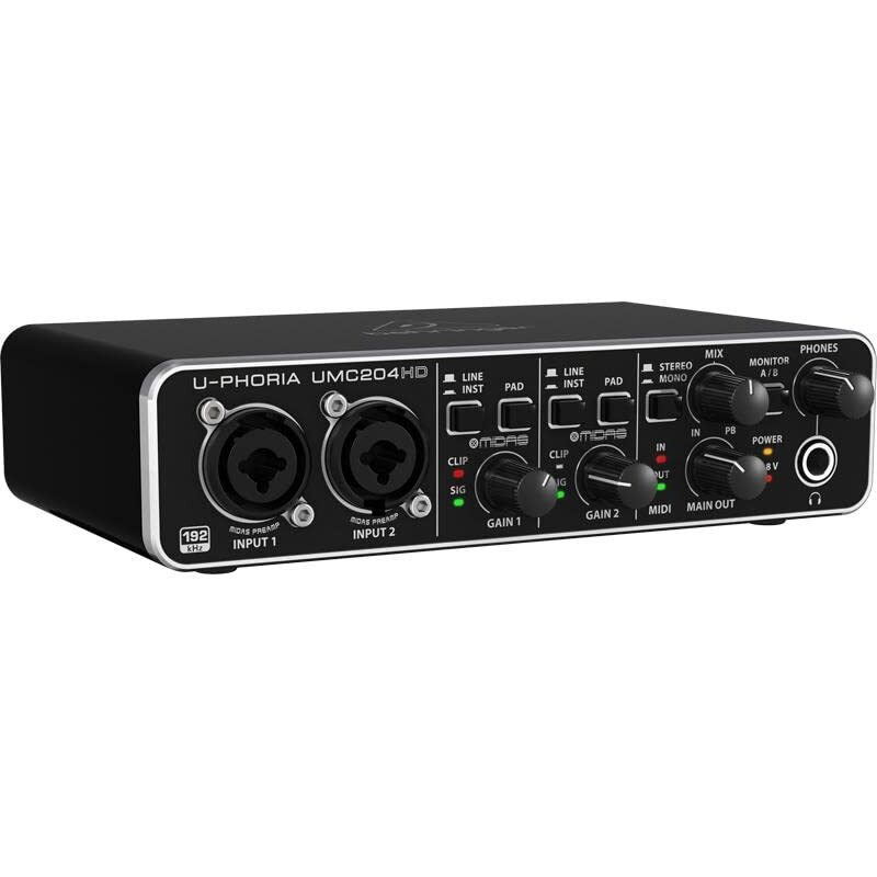 Behringer U-Phoria Umc204Hd Audiophile 2X4 Usb Audio/Midi Interface With Midas Mic Preamplifiers  24-Bit/192Khz Resolution