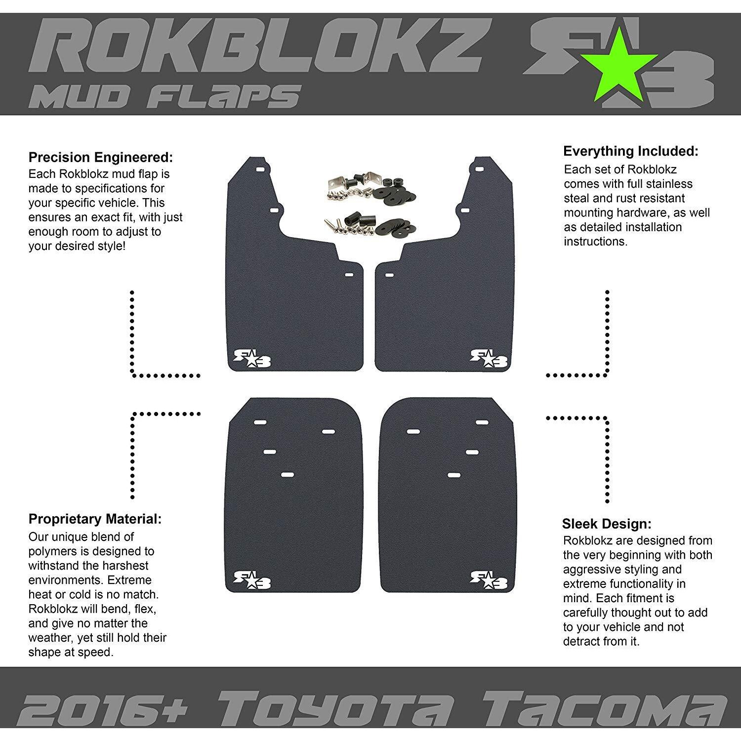 Rokblokz Mud Flaps For Toyota Tacoma - Fits 2016+ Model Years - Multiple Colors Available - Set Of 4 - Includes Hardware And Detailed Instructions (Regular  Black With Black Logo)