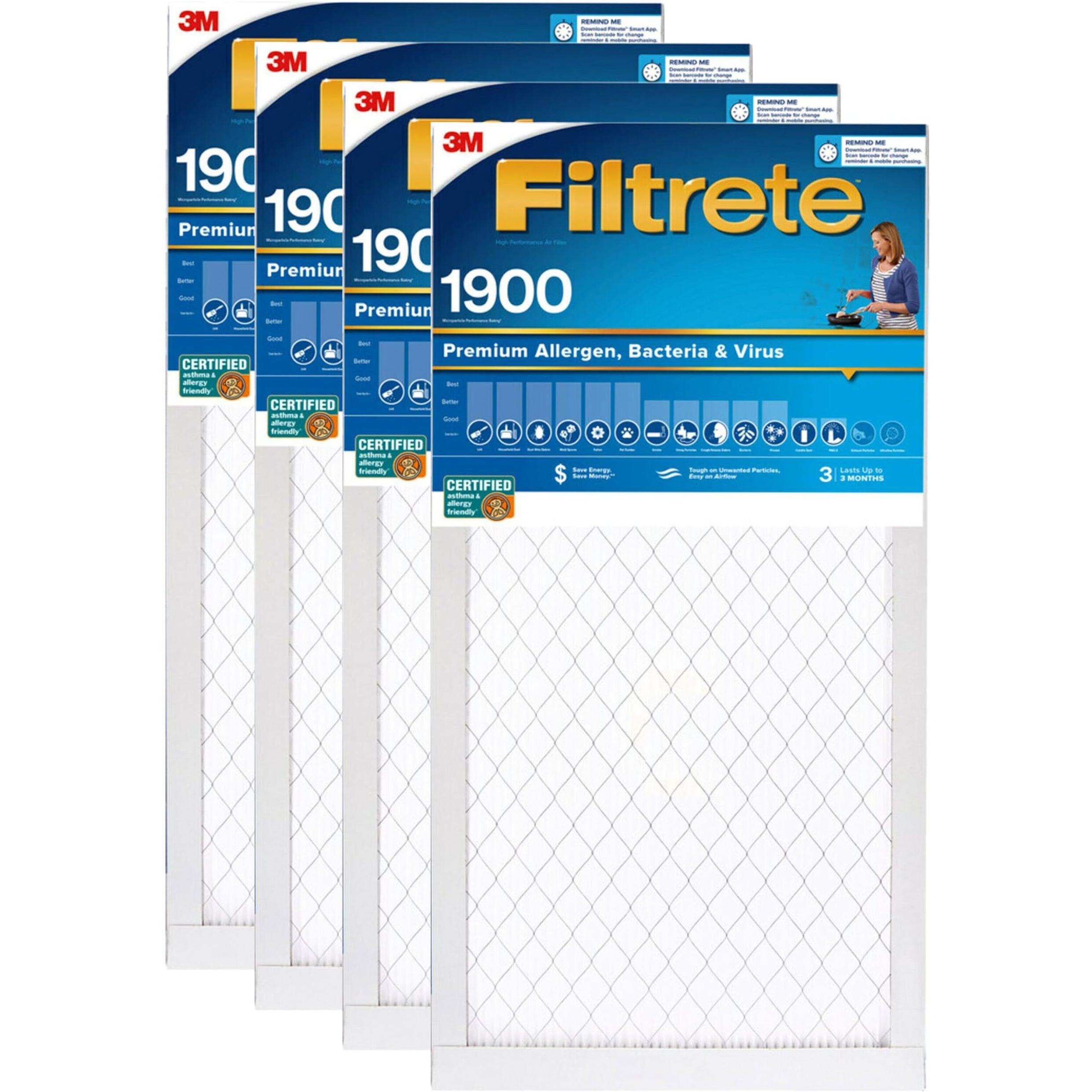 Filtrete 16X25X1 Ac Furnace Air Filter  Merv 13  Mpr 1900  Premium Allergen  Bacteria & Virus Filter  3-Month Pleated 1-Inch Electrostatic Air Cleaning Filter  4-Pack (Actual Size 15.69X24.69X0.78 In)