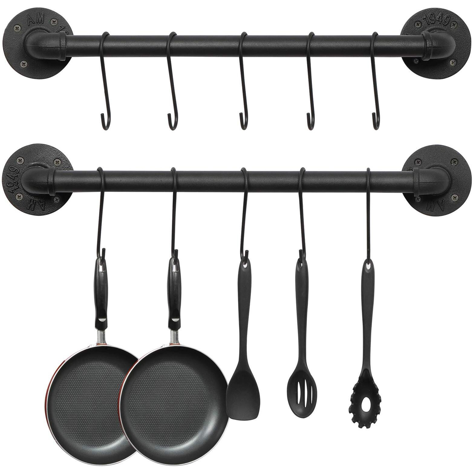 Oropy Wall Mounted Pot Pan Rack 21'' Set Of 2  Industrial Utensils Wall Hanger Iron Pipe Kitchen Hanging Rail With 10 S Hooks