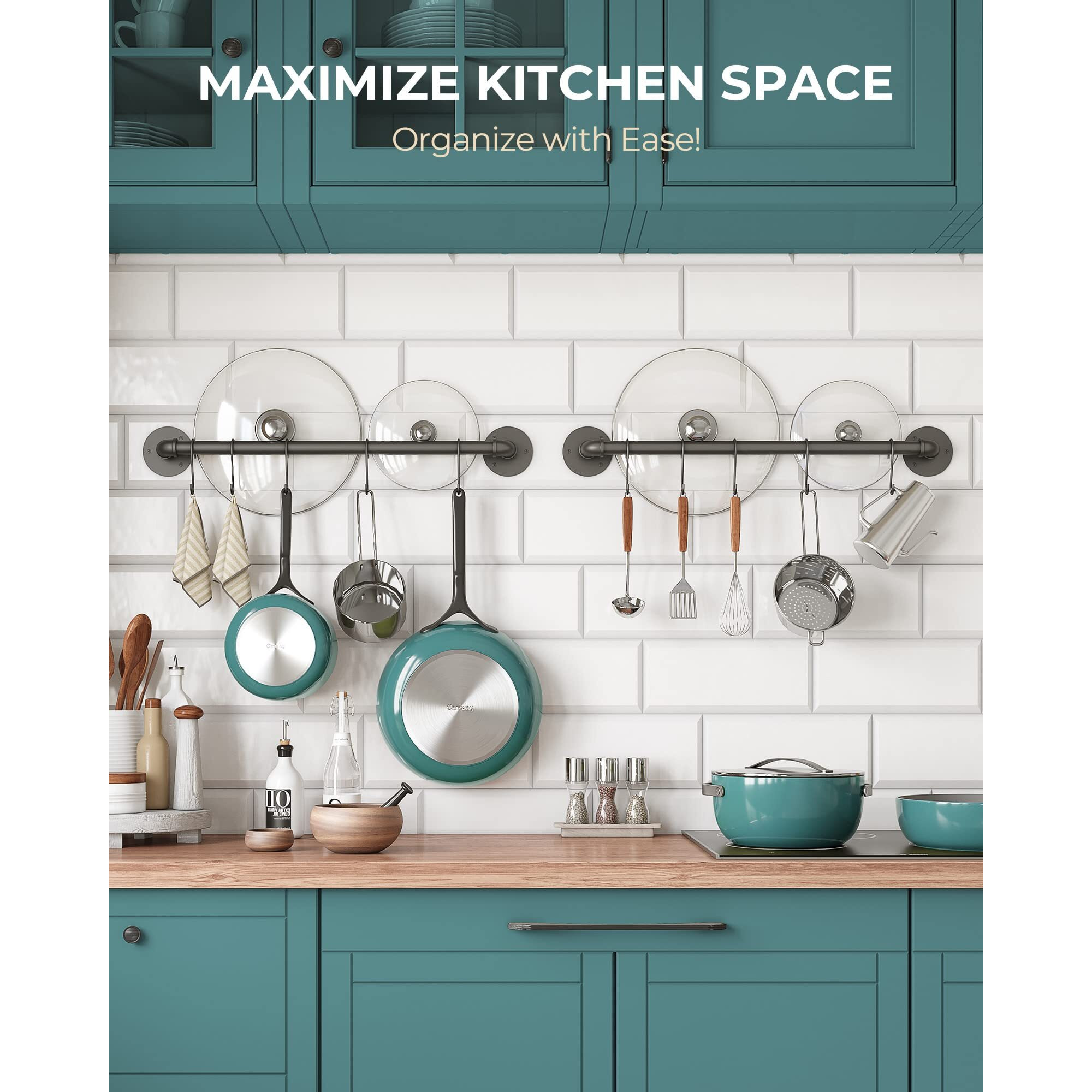 Oropy Wall Mounted Pot Pan Rack 21'' Set Of 2  Industrial Utensils Wall Hanger Iron Pipe Kitchen Hanging Rail With 10 S Hooks