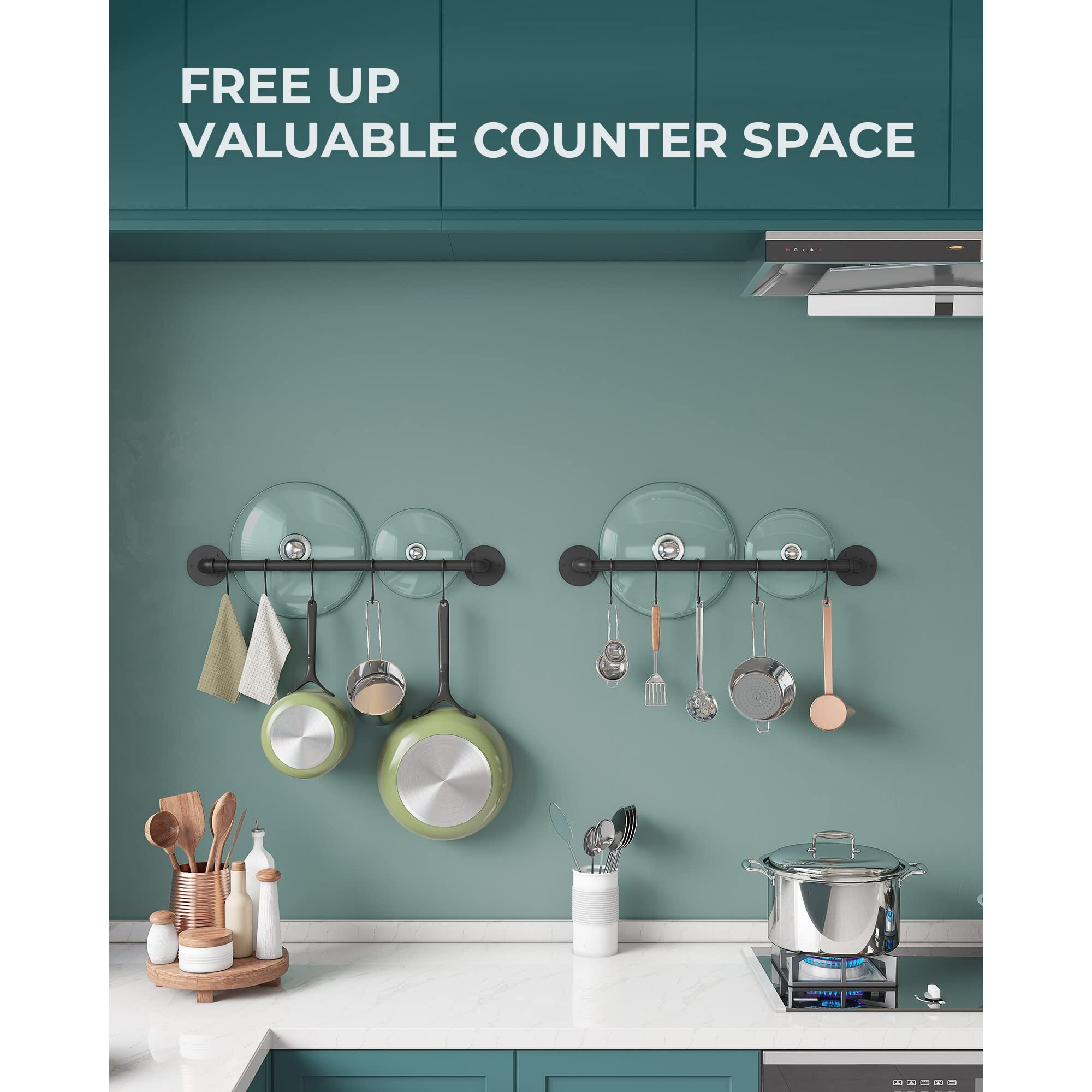 Oropy Wall Mounted Pot Pan Rack 21'' Set Of 2  Industrial Utensils Wall Hanger Iron Pipe Kitchen Hanging Rail With 10 S Hooks