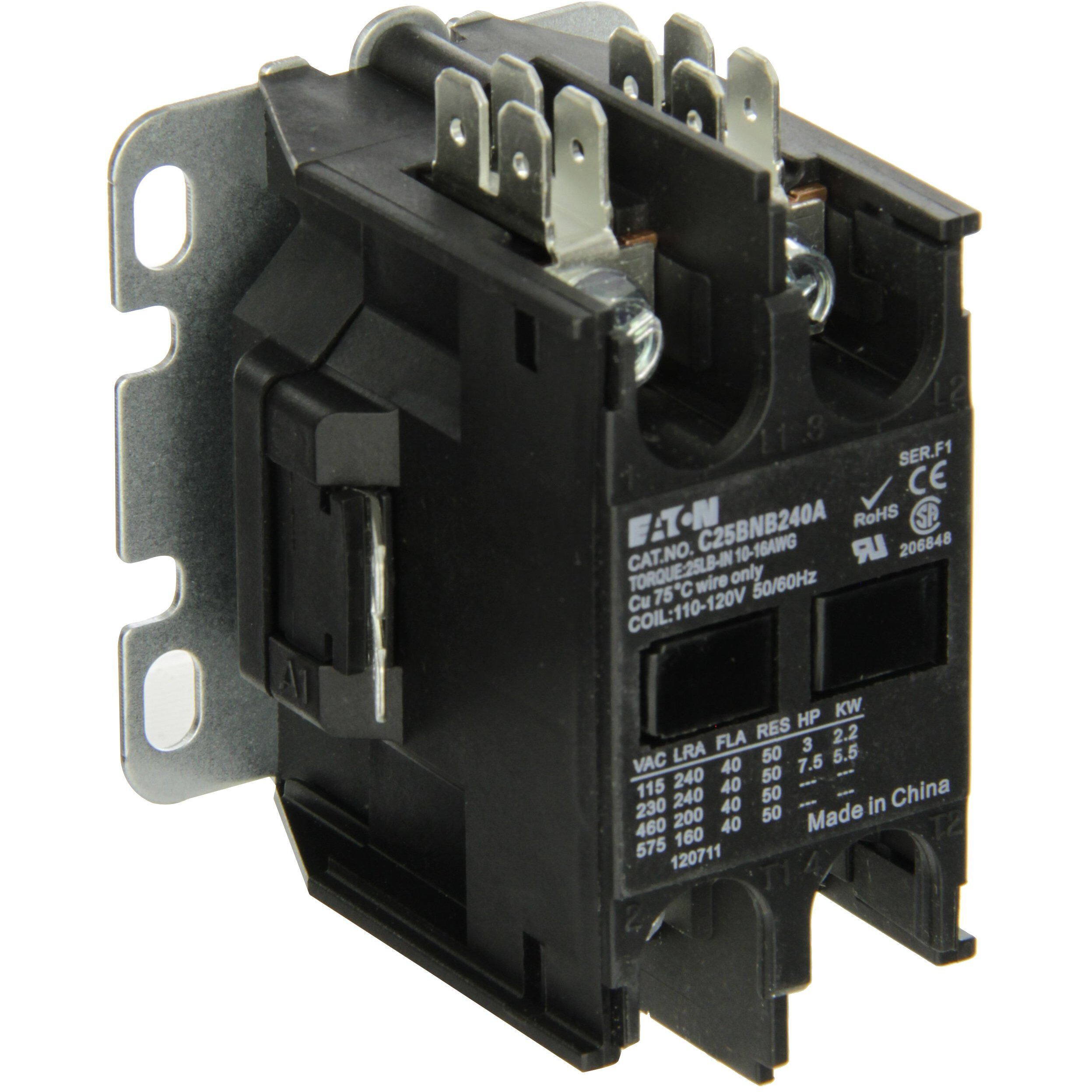 Eaton C25Bnb240A Compact Definite Purpose Contactor  40A Inductive Current Rating  3 Max Hp Rating At 115V  7.5 Max Hp Rating At 230V  120Vac Coil Voltage