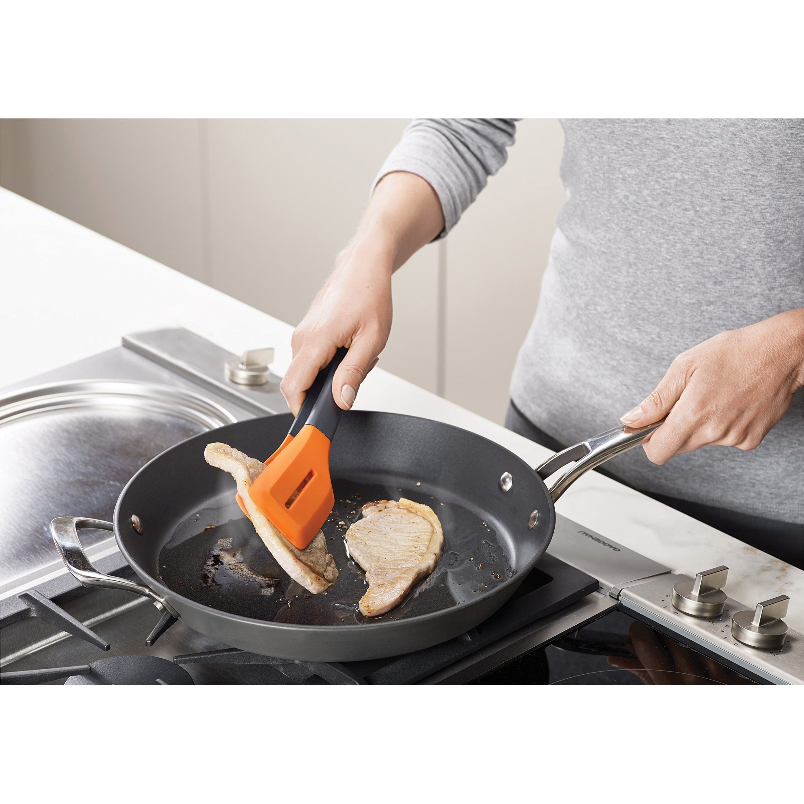 Joseph Joseph Turner Tongs  Ergonomic Silicone Tongs  Locks For Compact Storage  Dishwasher Safe - Grey/Orange