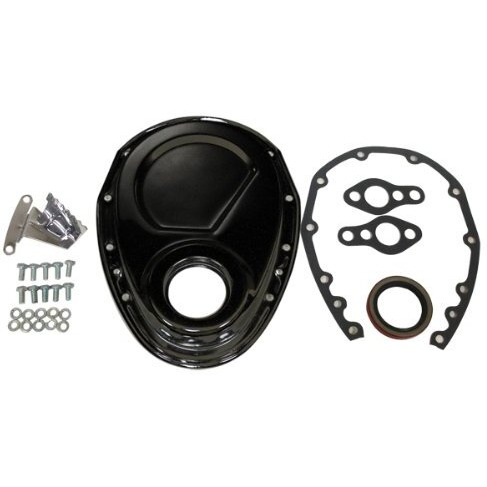Compatible/Replacement For Chevy Small Block 283-305-327-350-400 Steel Timing Chain Cover Set W/Timing Tab - Black