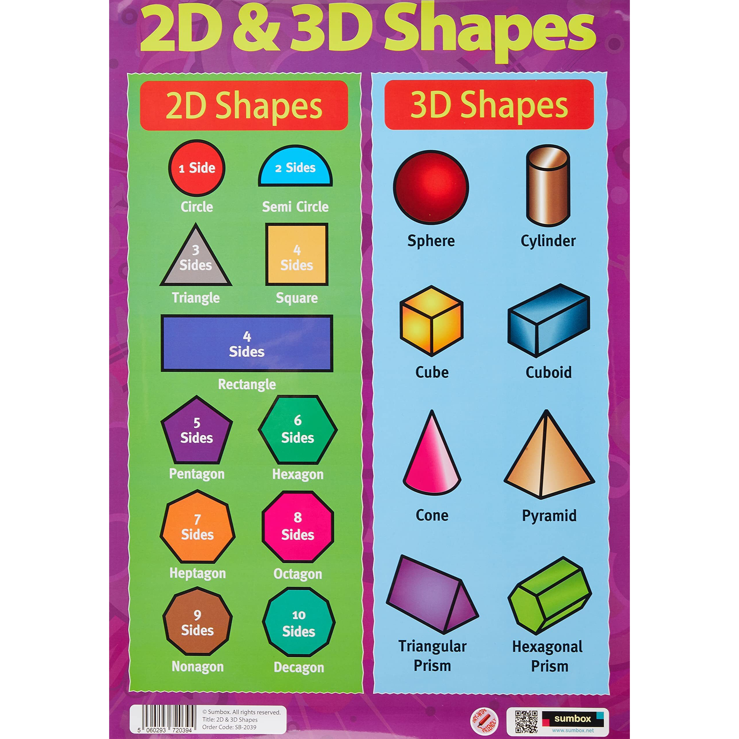 Sumbox Educational 2D And 3D Shapes Maths Poster  Purple 2039  Kids Room
