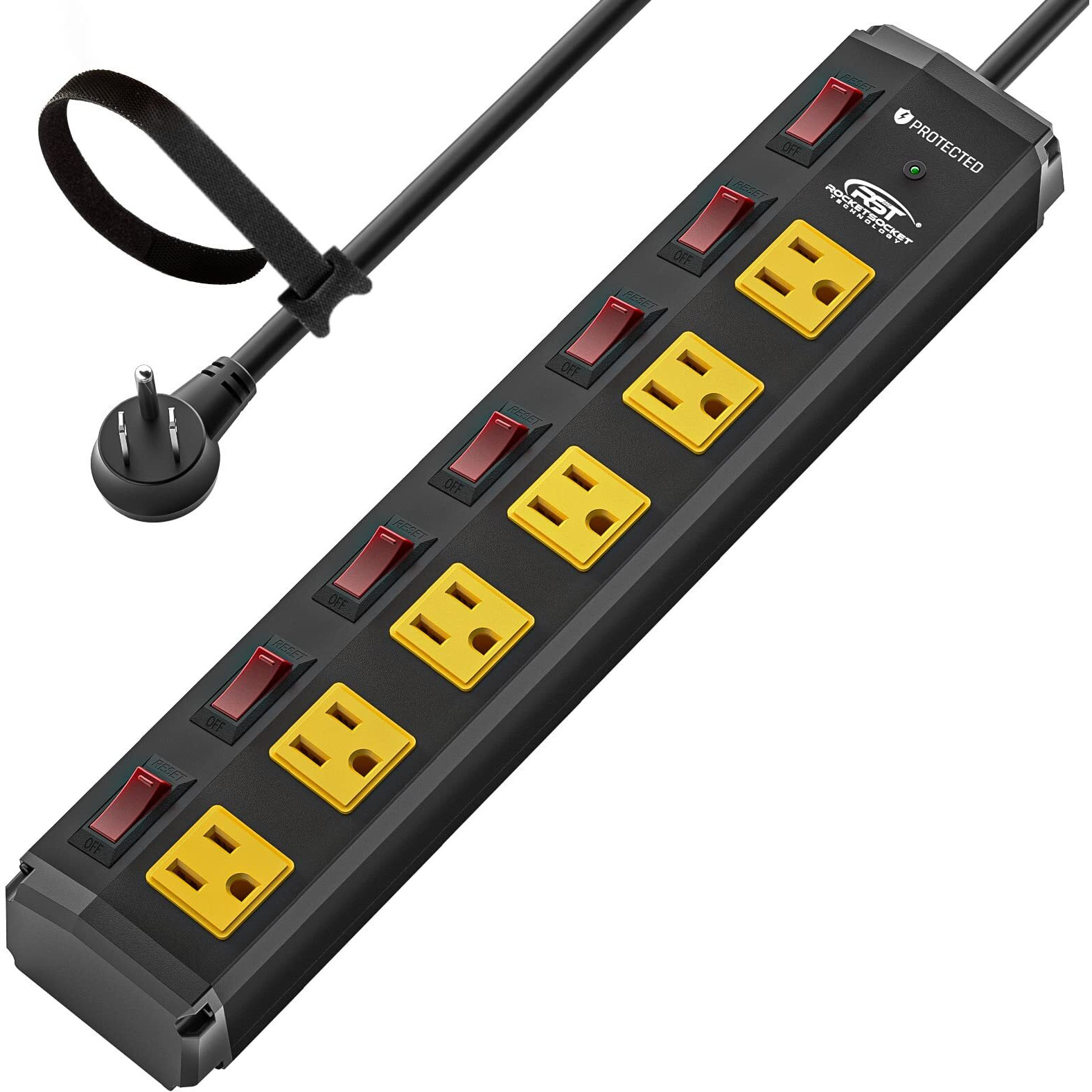 Crst 6 Outlet Metal Heavy Duty Power Strip With Individual Switches  6Ft Wide Spaced Garage Power Strip  Moutable Power Strip Surge Protector (1200 Joules)  15Amp/1875W  14Awg Sjt Power Cord