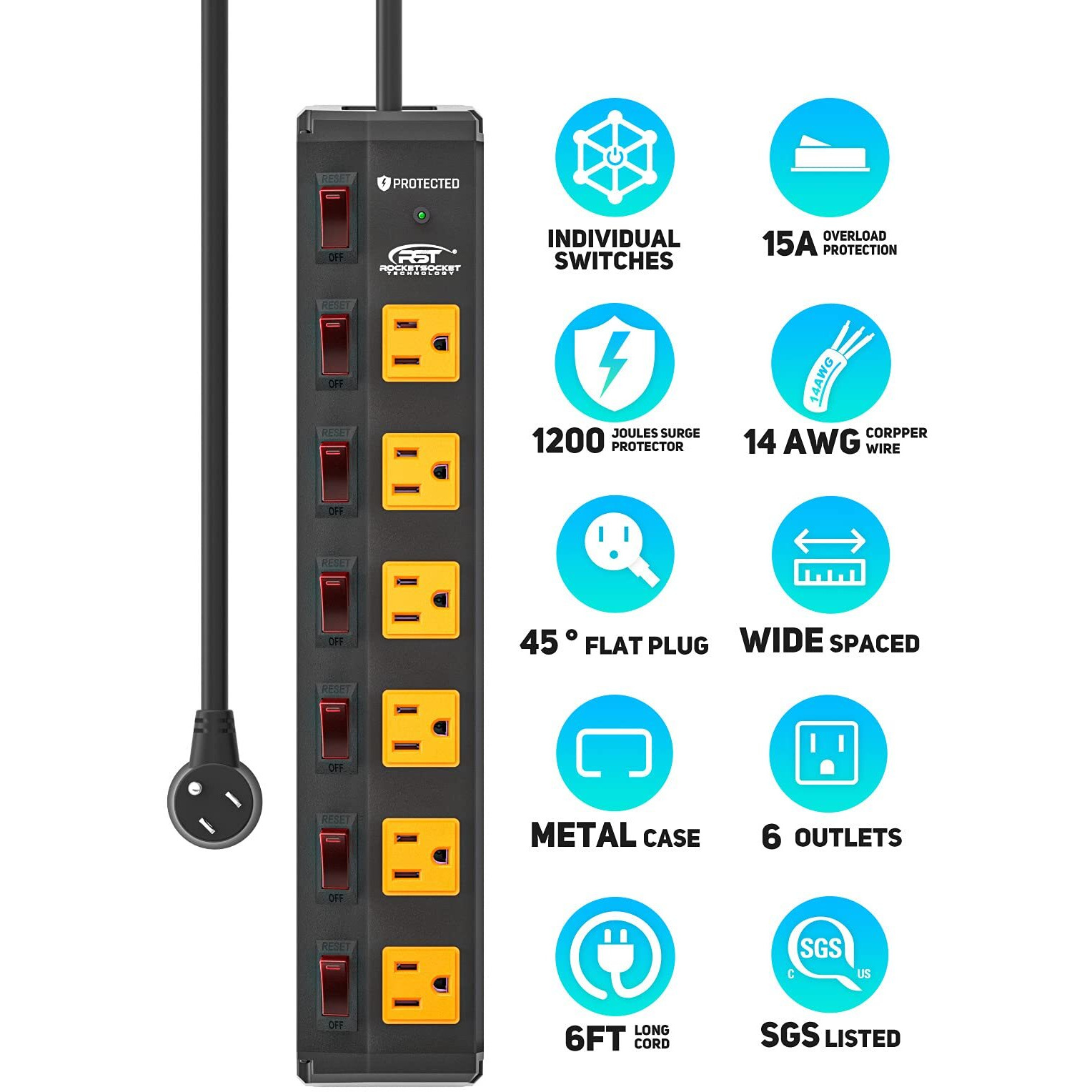 Crst 6 Outlet Metal Heavy Duty Power Strip With Individual Switches  6Ft Wide Spaced Garage Power Strip  Moutable Power Strip Surge Protector (1200 Joules)  15Amp/1875W  14Awg Sjt Power Cord