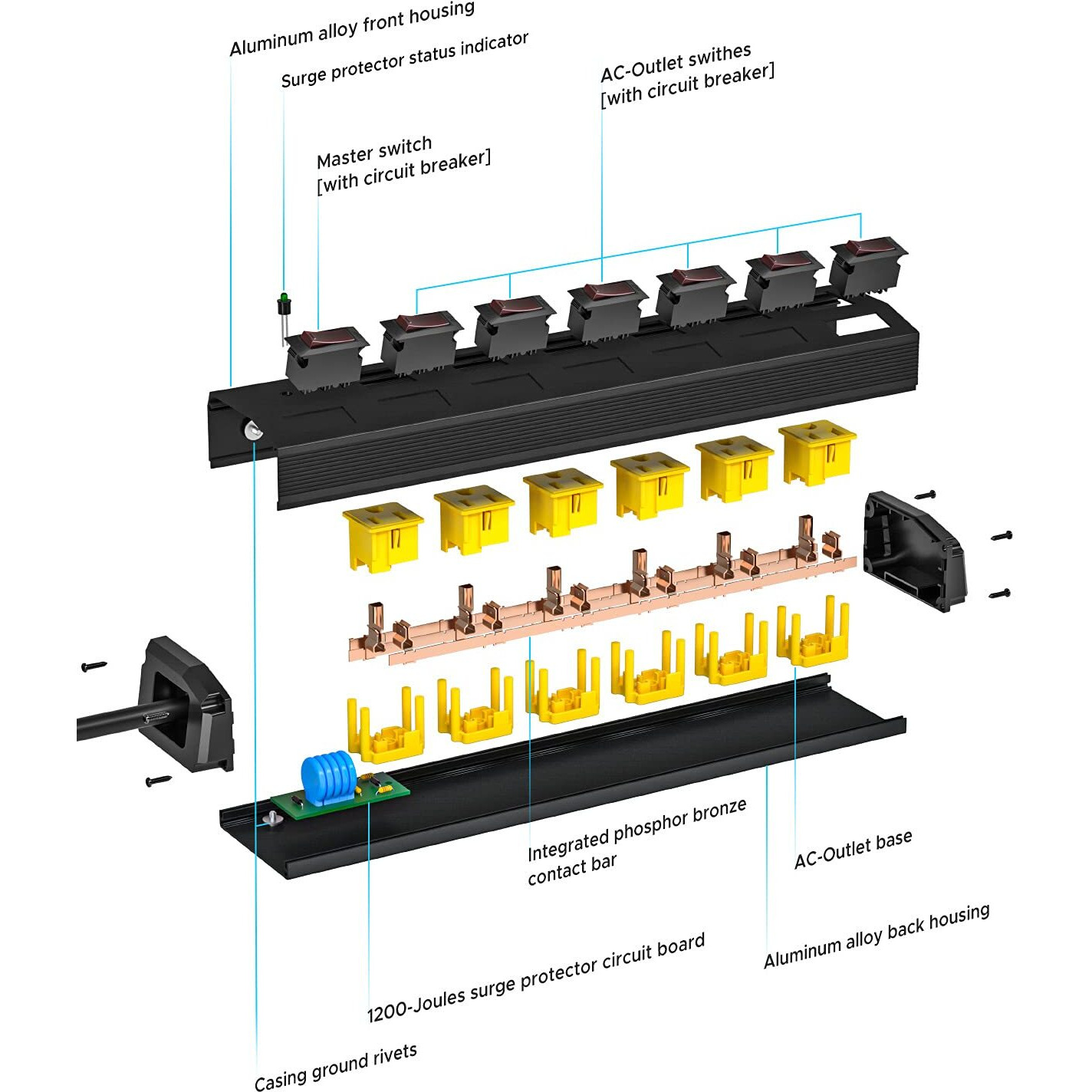 Crst 6 Outlet Metal Heavy Duty Power Strip With Individual Switches  6Ft Wide Spaced Garage Power Strip  Moutable Power Strip Surge Protector (1200 Joules)  15Amp/1875W  14Awg Sjt Power Cord