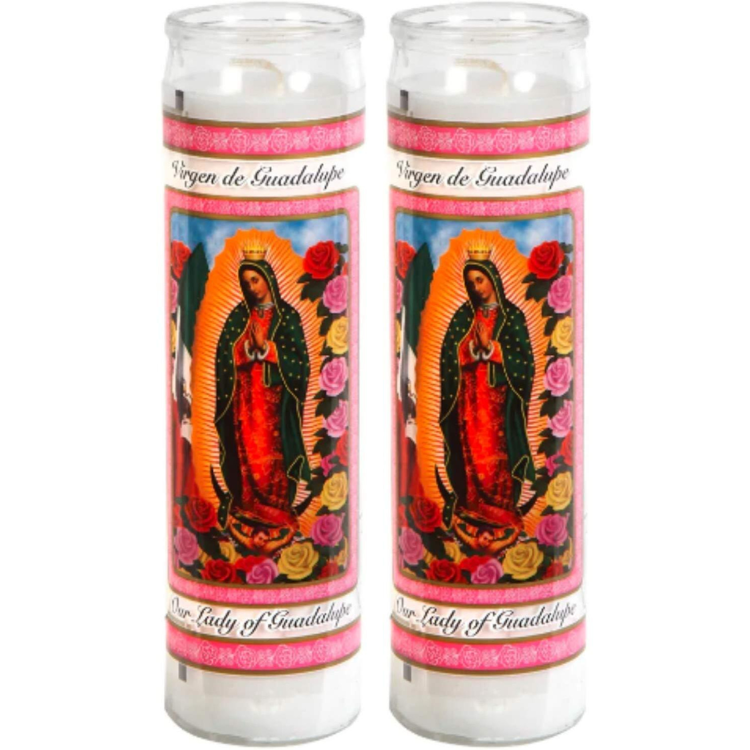 Prayer Candles - Lady Of Guadalupe Candle (2 Pc) Great For Sanctuary Vigils And Prayers - Unscented Glass Candle Set - Jar Candles - Devotional Spiritual Religious Church Cemeteries