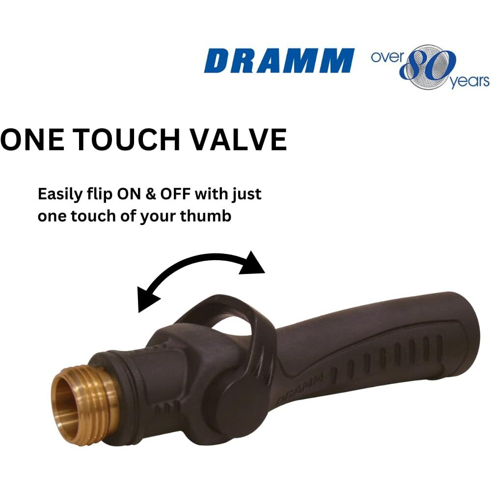 Dramm One Touch Durable Valve With One Touch Thumb Controlled On/Off Valve  Full Water Flow And Heavy Duty Construction  Black
