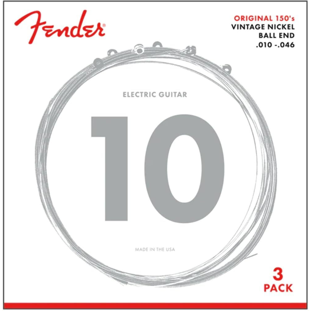 Fender Original 150 Electric Guitar Strings  Pure Nickel Wound  Ball End  150L .010-.046  3-Pack