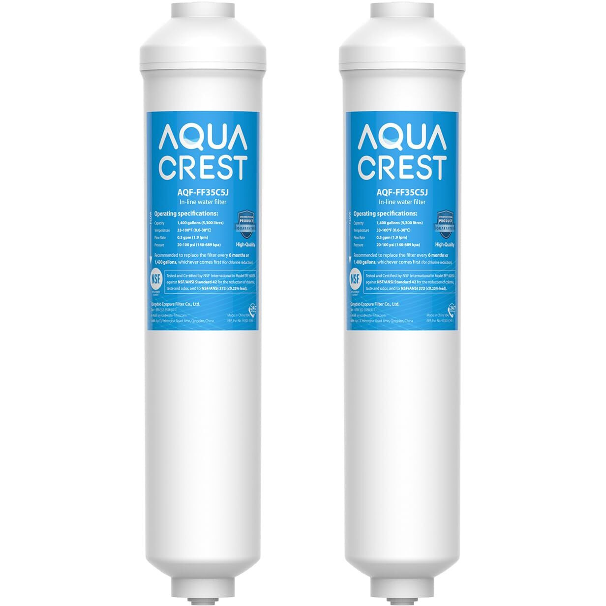 Aqua Crest Inline Carbon Water Filter For Reverse Osmosis Water System  Nsf Certified  Replacement Cartridge With 1/4"" Quick-Connect  Inline Water Filter For Ice Maker & Refrigerator  2-Pack