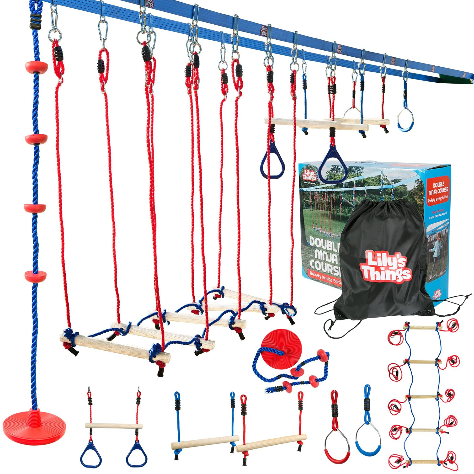 Double Ninja Slackline Obstacle Course | 110 Ft | Ninja Warrior Obstacle Course Accessories | Monkey Bars | Climbing Rope | Ninja Rings | Trapeze Swing Bar | Rickety Bridge Edition -Patent Double Line