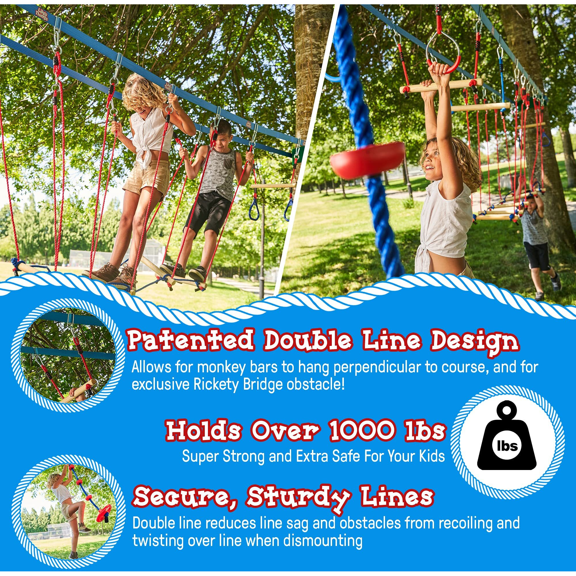 Double Ninja Slackline Obstacle Course | 110 Ft | Ninja Warrior Obstacle Course Accessories | Monkey Bars | Climbing Rope | Ninja Rings | Trapeze Swing Bar | Rickety Bridge Edition -Patent Double Line