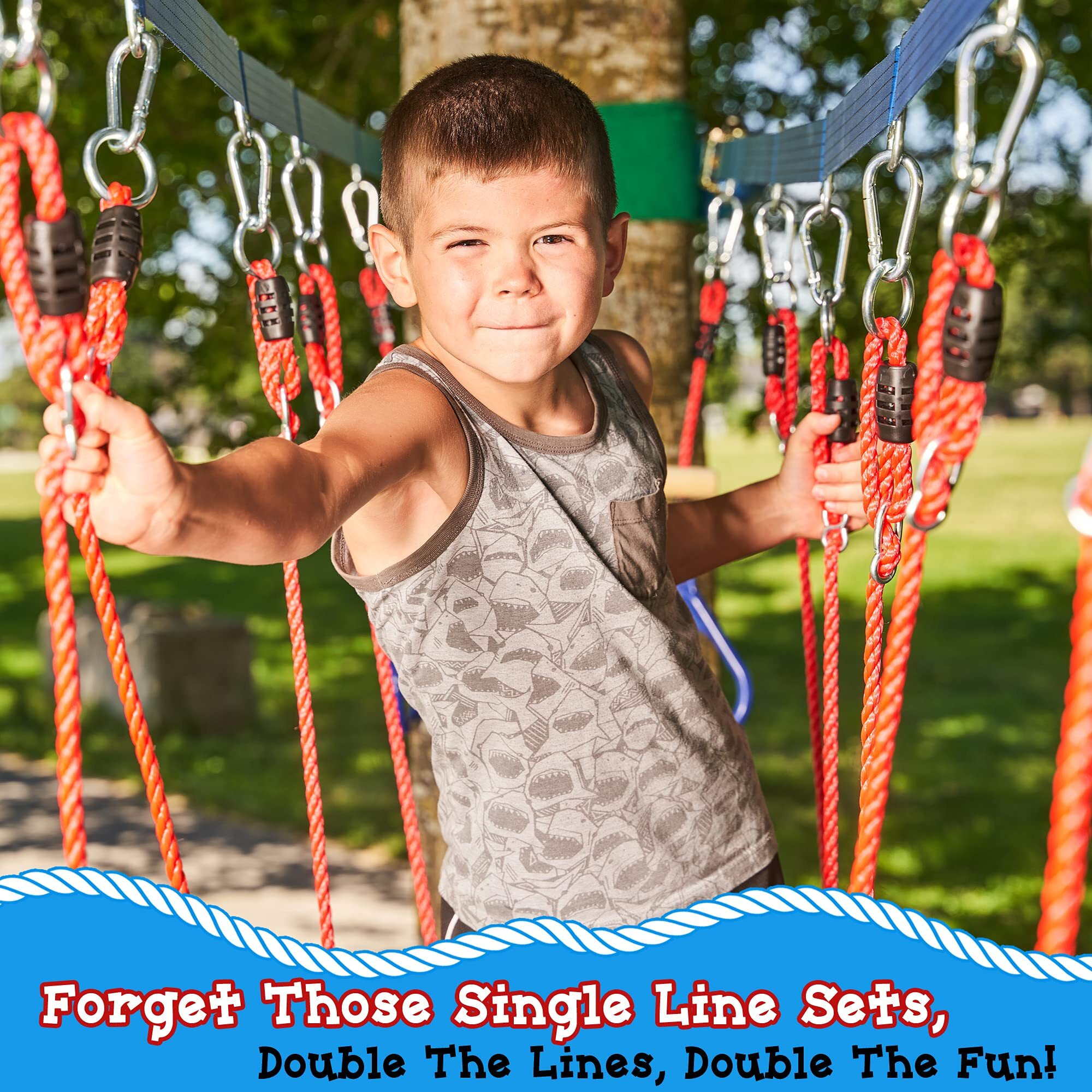 Double Ninja Slackline Obstacle Course | 110 Ft | Ninja Warrior Obstacle Course Accessories | Monkey Bars | Climbing Rope | Ninja Rings | Trapeze Swing Bar | Rickety Bridge Edition -Patent Double Line