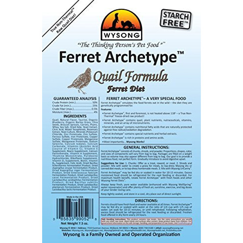 Wysong 858053 Ferret Archetype Quail Formula - Raw Ferret Food - 7.5 Ounce Bag