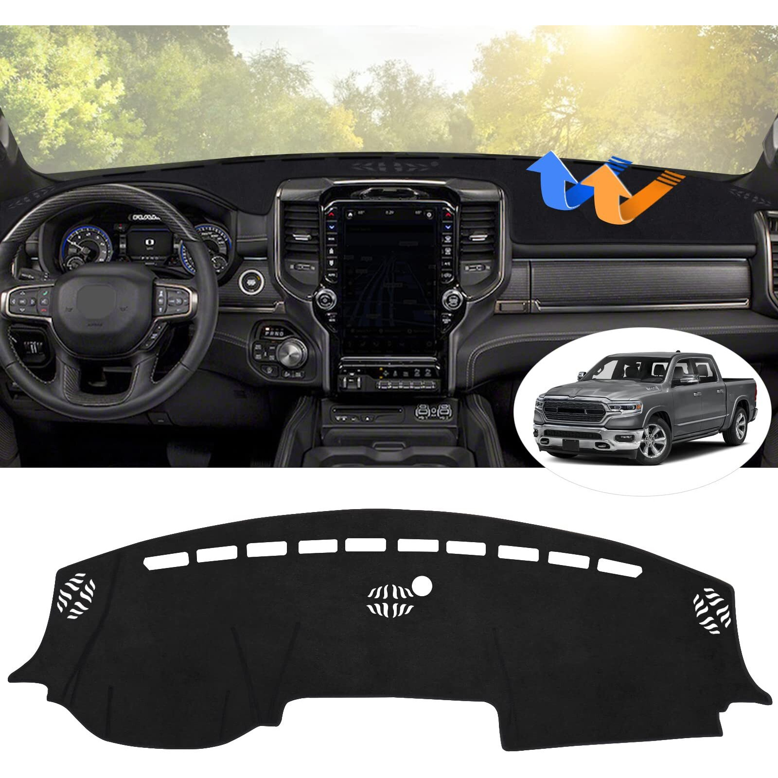 Autorder Dashboard Cover Mat For 2019-2023 2024 2025 Dodge Ram 1500 2500 3500 Accessories Dash Cover Flannel Dash Mat Sunshade Glare Uv Rays Protector Black