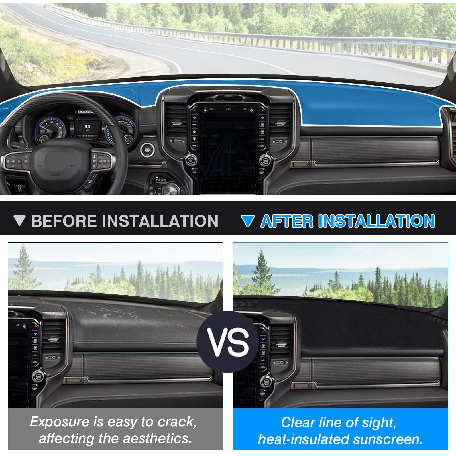 Autorder Dashboard Cover Mat For 2019-2023 2024 2025 Dodge Ram 1500 2500 3500 Accessories Dash Cover Flannel Dash Mat Sunshade Glare Uv Rays Protector Black