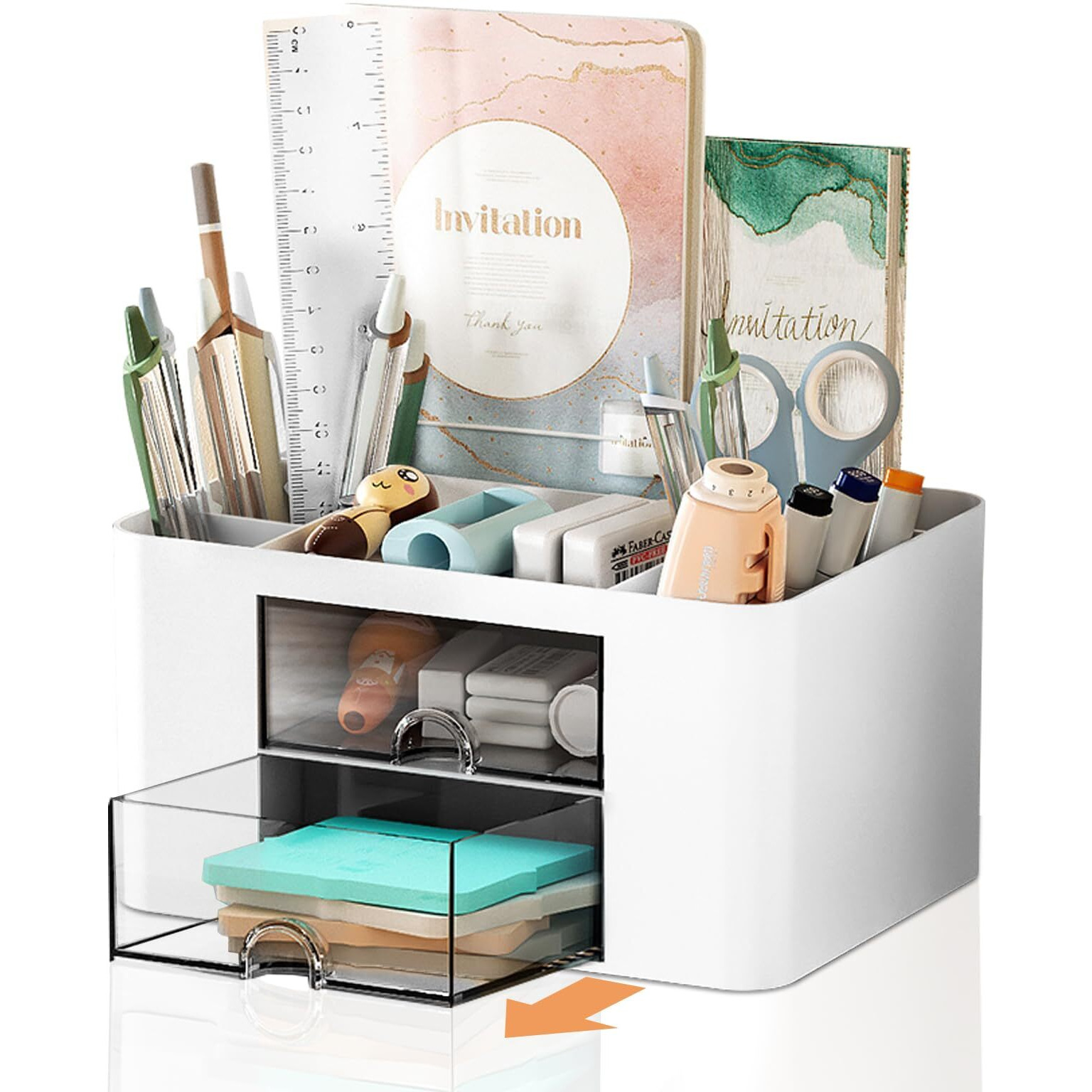 Pencil Pen Holder For Desk 2 Drawer Desk Organizers 5 Compartments Desktop Storage Stationery Supplies Organizer  Cute Pencil Cup Pot For Office  School  Home(White)