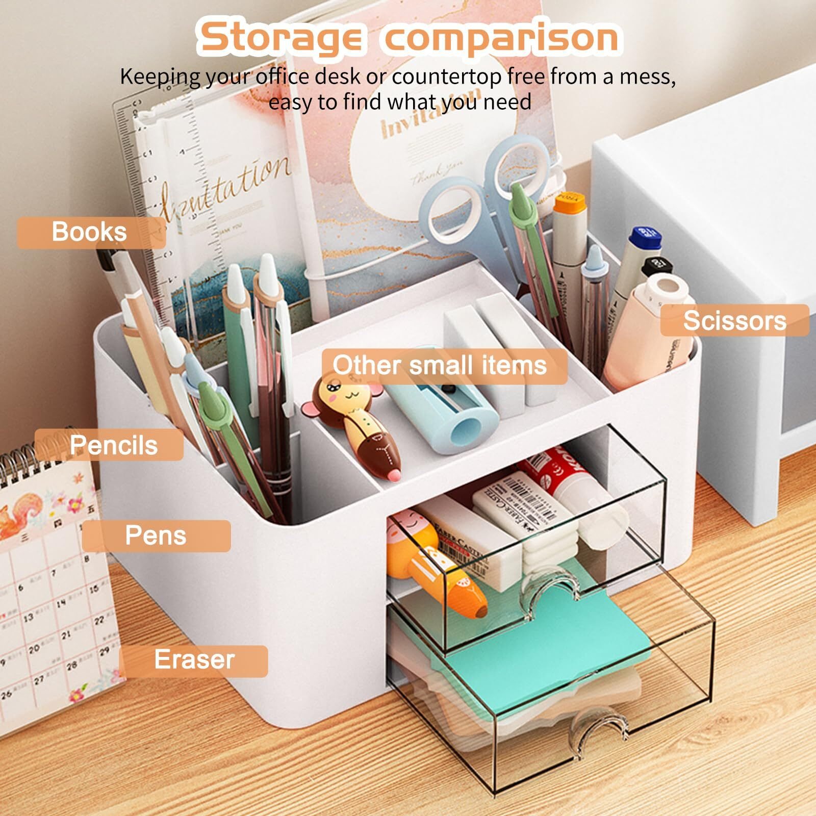 Pencil Pen Holder For Desk 2 Drawer Desk Organizers 5 Compartments Desktop Storage Stationery Supplies Organizer  Cute Pencil Cup Pot For Office  School  Home(White)