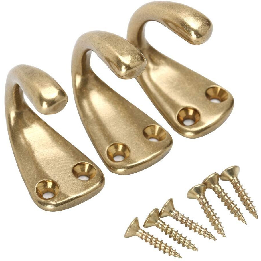 Rzdeal 3Pcs Vintage Coat And Hat Hook Brass Classico Wall Hanging For Bath Stands Clothes Hangers Scarf Towel (Gold)