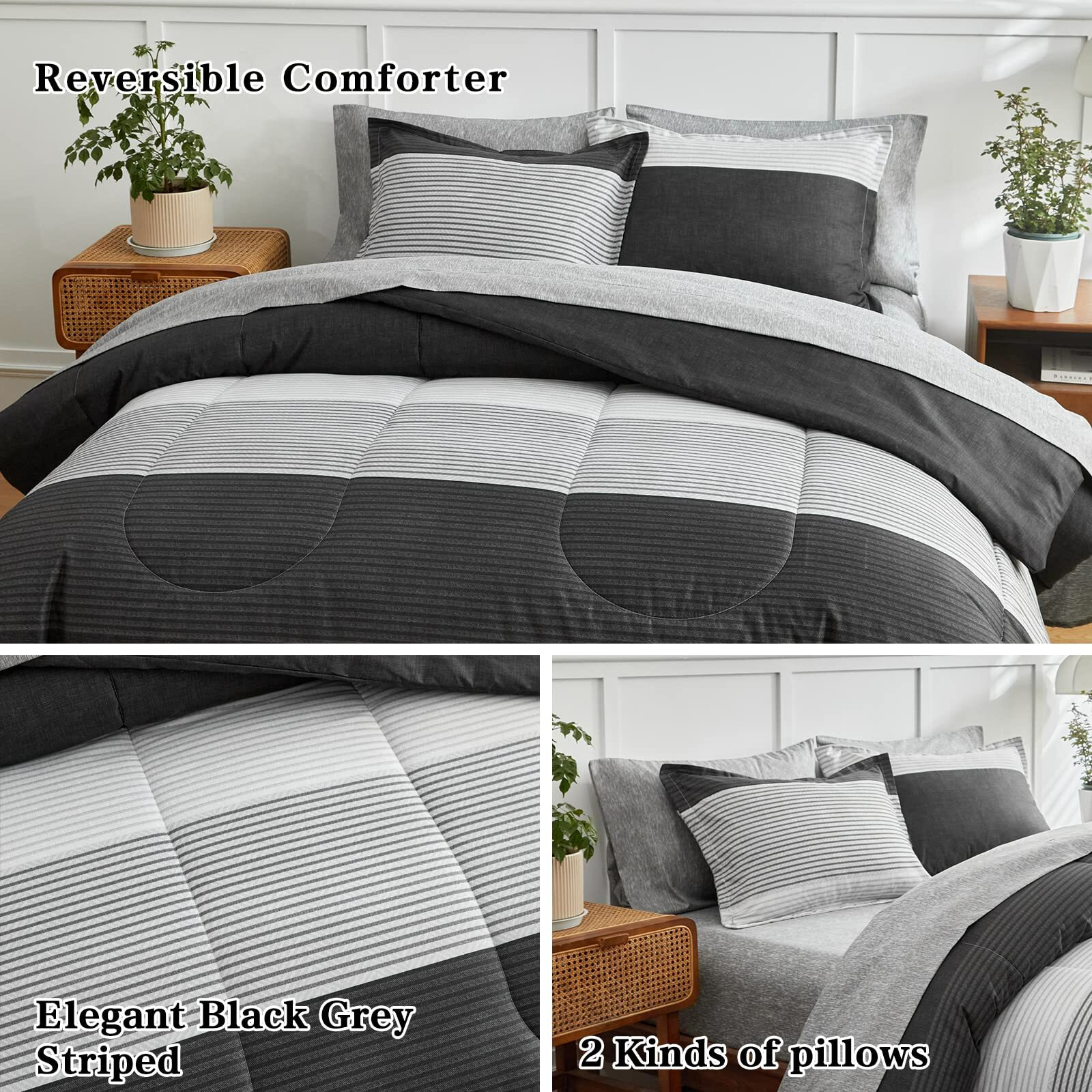 Flysheep Ombre Boho Striped Bed In A Bag 6 Pieces Twin Size  Grey And White Stripes Comforter Sheet Set (1 Comforter  1 Flat Sheet  1 Fitted Sheet  2 Pillow Shams  1 Pillowcase)