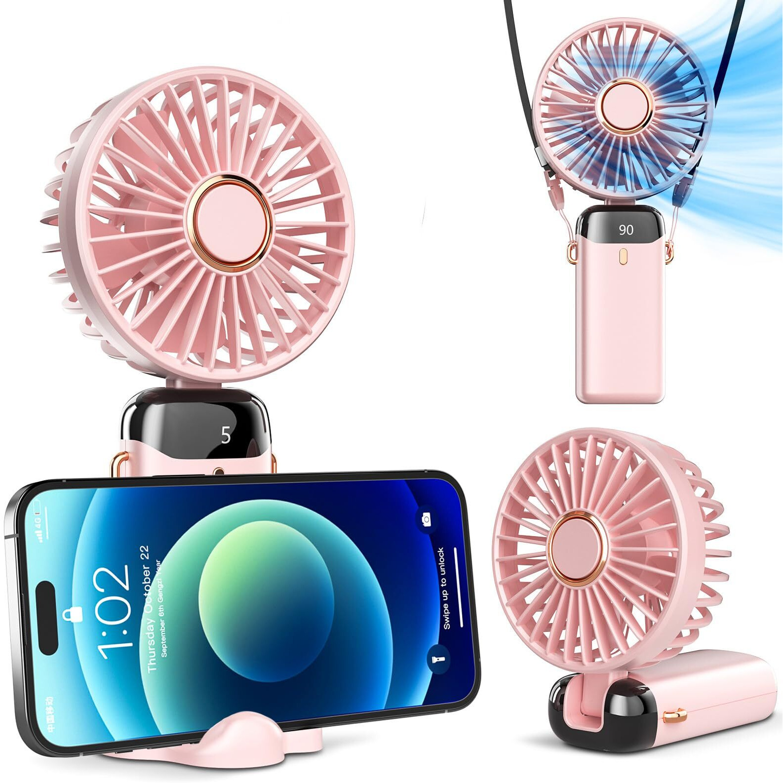Koonie Portable Handheld Fan  Battery Operated Fan With Base  8 Hours  Digital Display  5 Speeds  90 Ajustable  Rechargeable Mini Fan For Outdoor Indoor Pink
