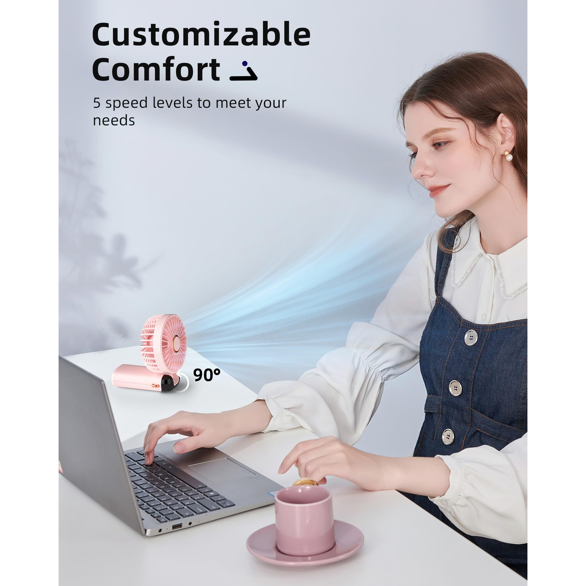 Koonie Portable Handheld Fan  Battery Operated Fan With Base  8 Hours  Digital Display  5 Speeds  90 Ajustable  Rechargeable Mini Fan For Outdoor Indoor Pink