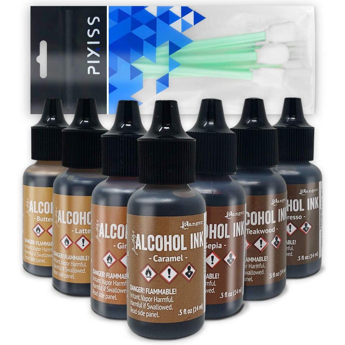 Brown Alcohol Inks Set | Tim Holtz Alcohol Inks Shades Of Brown 7-Pack | Teakwood  Espresso  Latte  Ginger  Caramel  Sepia  Butterscotch | 10 Pixiss Alcohol Ink Blending Tools