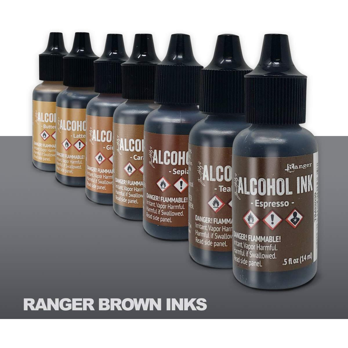 Brown Alcohol Inks Set | Tim Holtz Alcohol Inks Shades Of Brown 7-Pack | Teakwood  Espresso  Latte  Ginger  Caramel  Sepia  Butterscotch | 10 Pixiss Alcohol Ink Blending Tools
