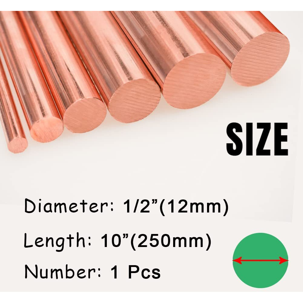 Tynulox 1Pcs Pure Copper Round Rod 1/2""(12Mm) Dia 9.84"" Length Bare Copper Cu Metal Rod For Metal Craft Hobbies