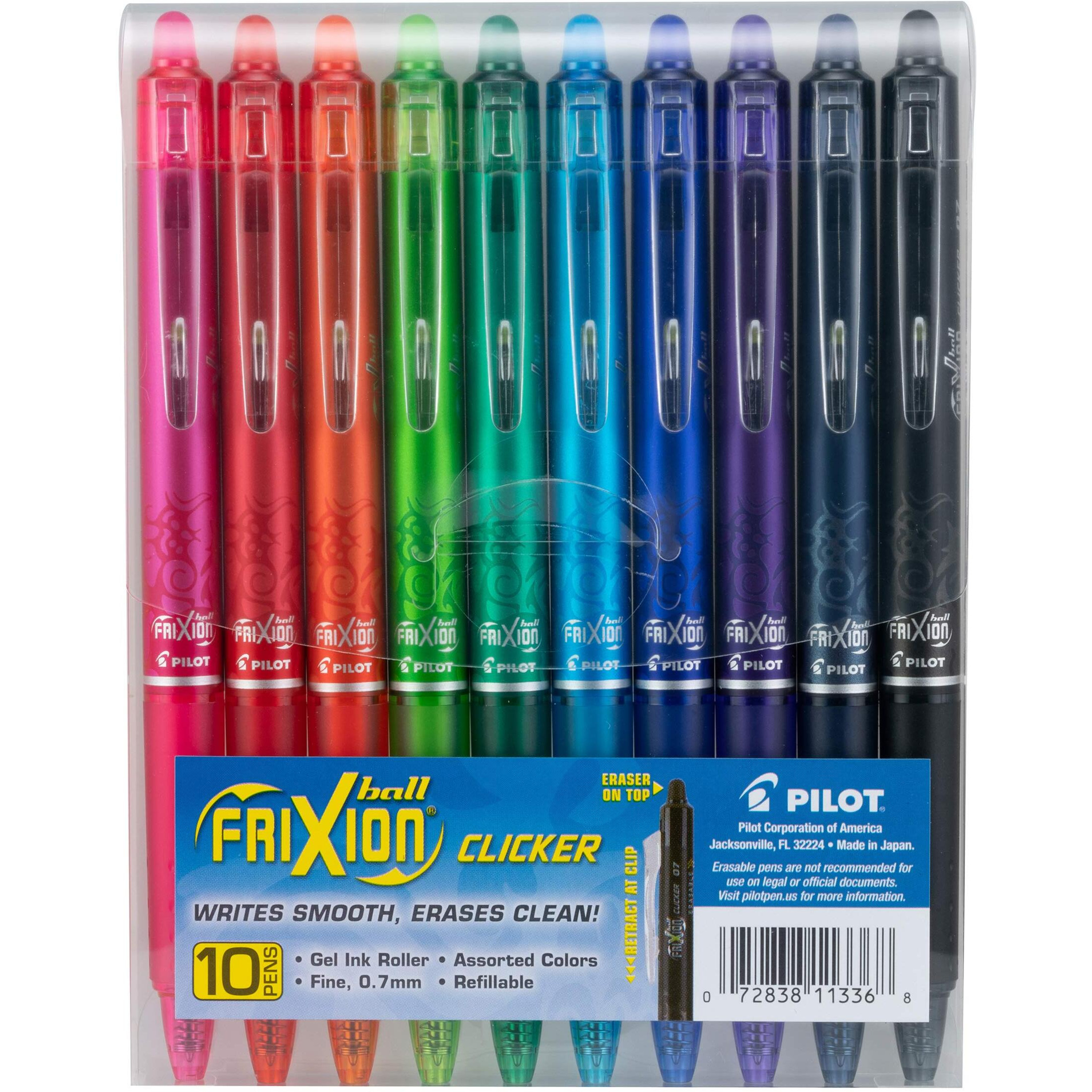 Pilot  Frixion Clicker Erasable Gel Pens  Fine Point 0.7 Mm  Pack Of 10  Assorted Colors