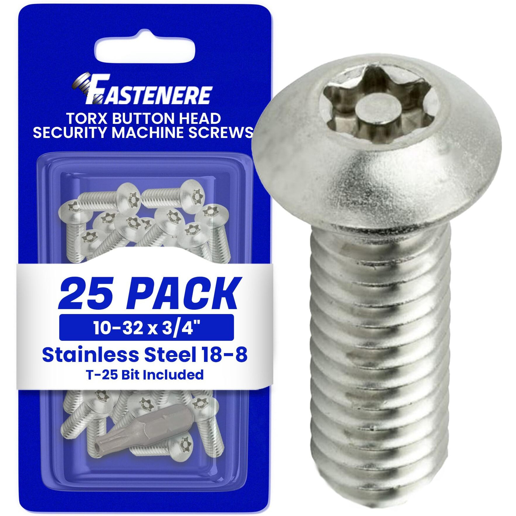 Fastenere Torx Security Machine Screws - 10-32 X 3/4"" (25-Pack) Stainless Steel  Tamper-Resistant  Button Head Screws  Bolt Screw For Higher Level Of Safety & Theft Prevention