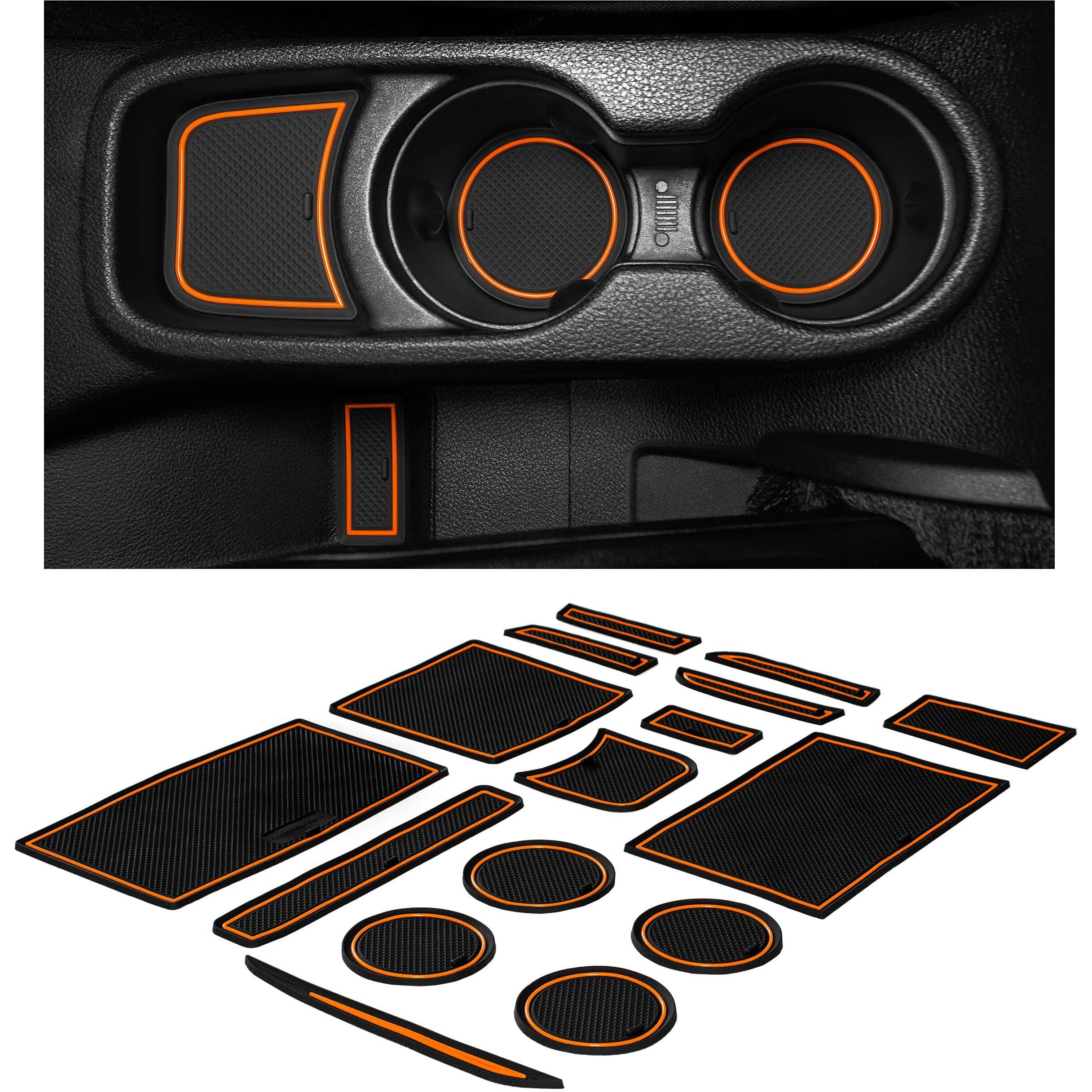 Cupholderhero Fits Jeep Wrangler Accessories 2011-2017 Premium Custom Interior Non-Slip Anti Dust Cup Holder Inserts  Center Console Liner Mats  Door Pocket Liners 16Pc Set (Orange Trim)