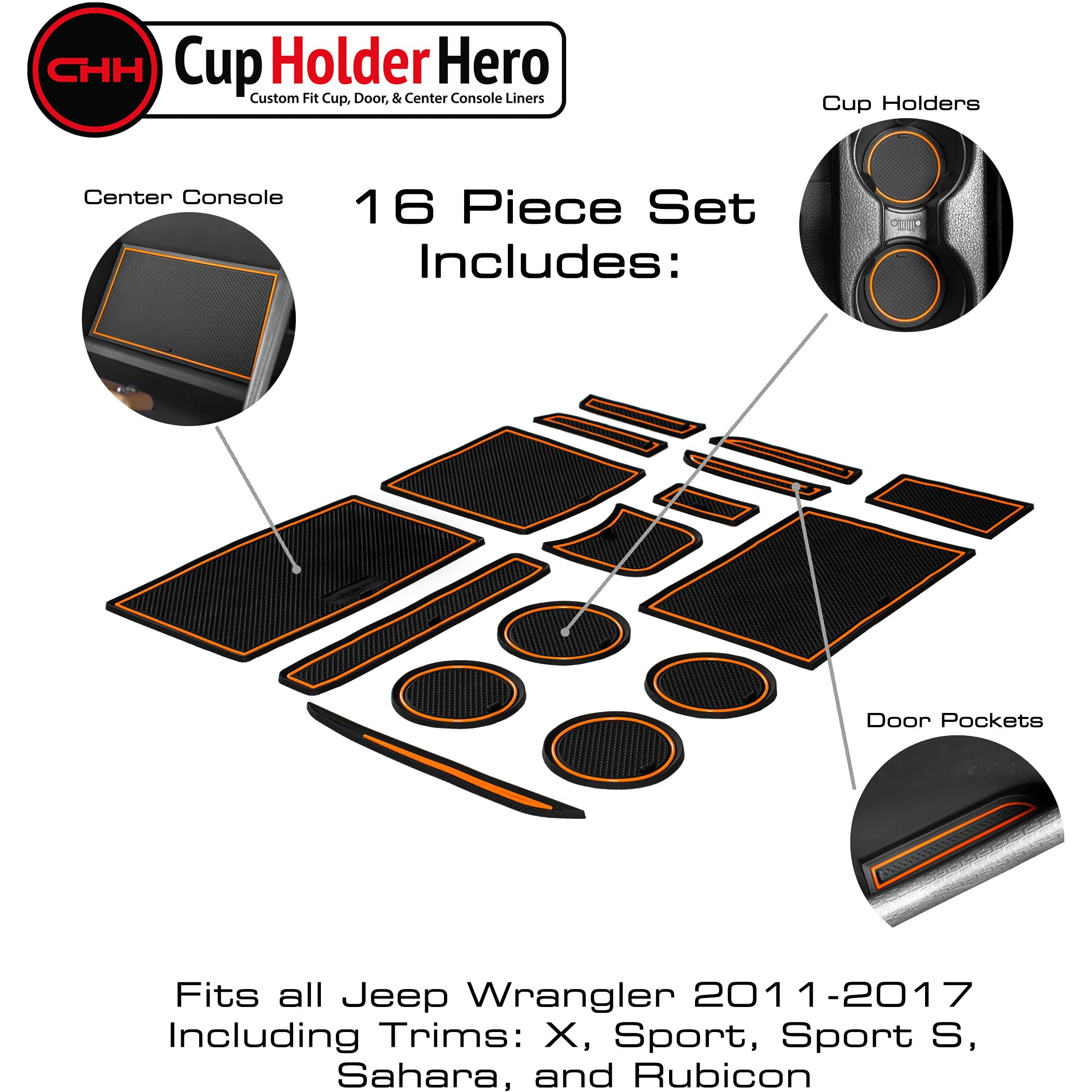 Cupholderhero Fits Jeep Wrangler Accessories 2011-2017 Premium Custom Interior Non-Slip Anti Dust Cup Holder Inserts  Center Console Liner Mats  Door Pocket Liners 16Pc Set (Orange Trim)