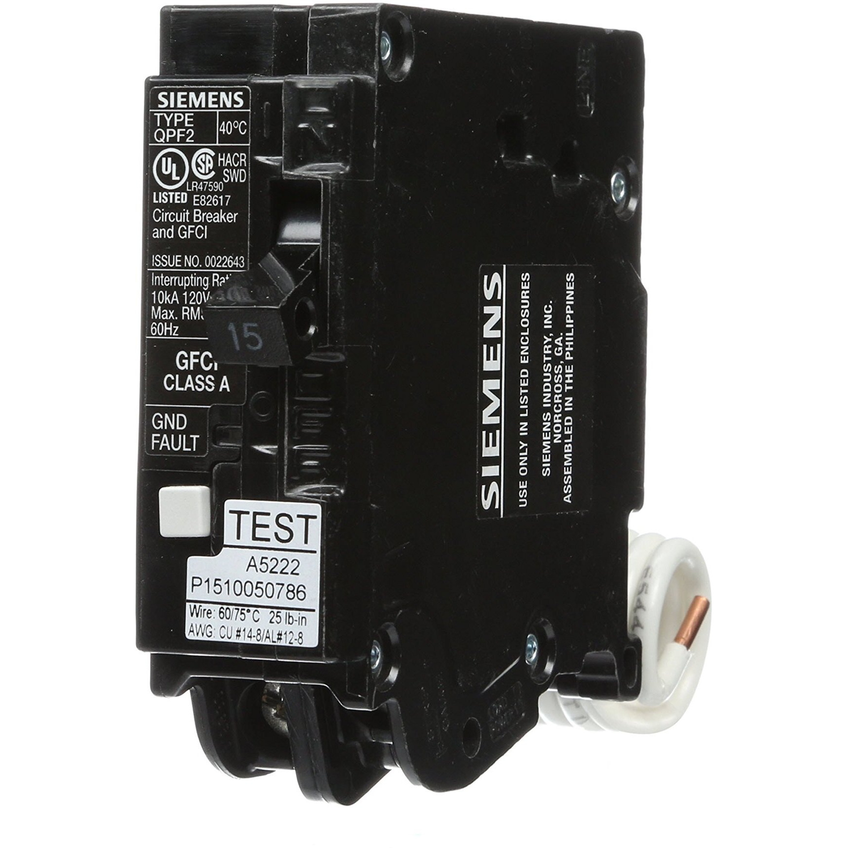 Siemens Qf115A Ground Fault Circuit Interrupter  15 Amp  1 Pole  120V  10 000 Aic