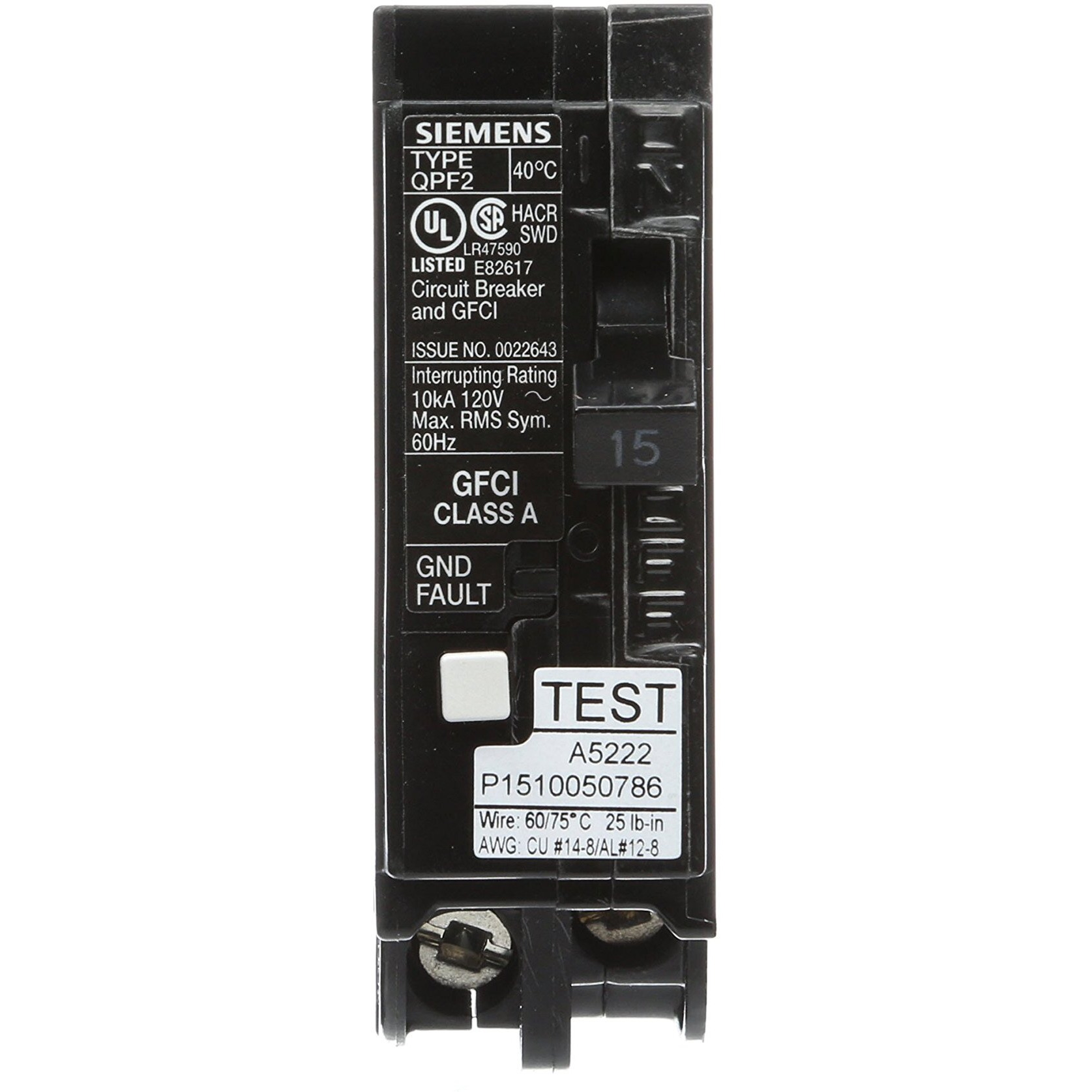 Siemens Qf115A Ground Fault Circuit Interrupter  15 Amp  1 Pole  120V  10 000 Aic