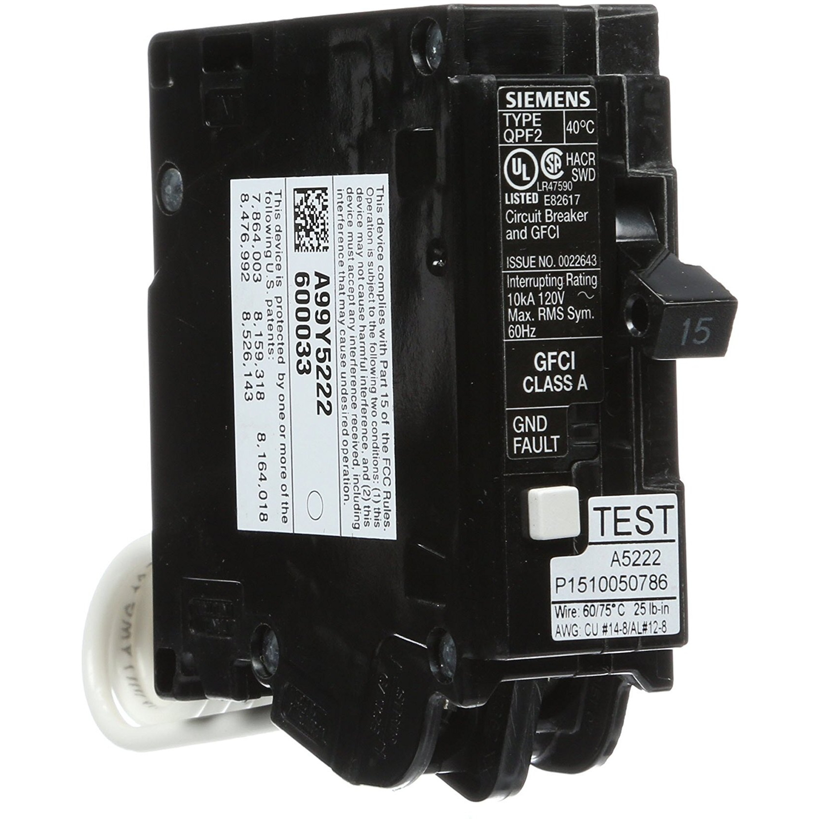 Siemens Qf115A Ground Fault Circuit Interrupter  15 Amp  1 Pole  120V  10 000 Aic
