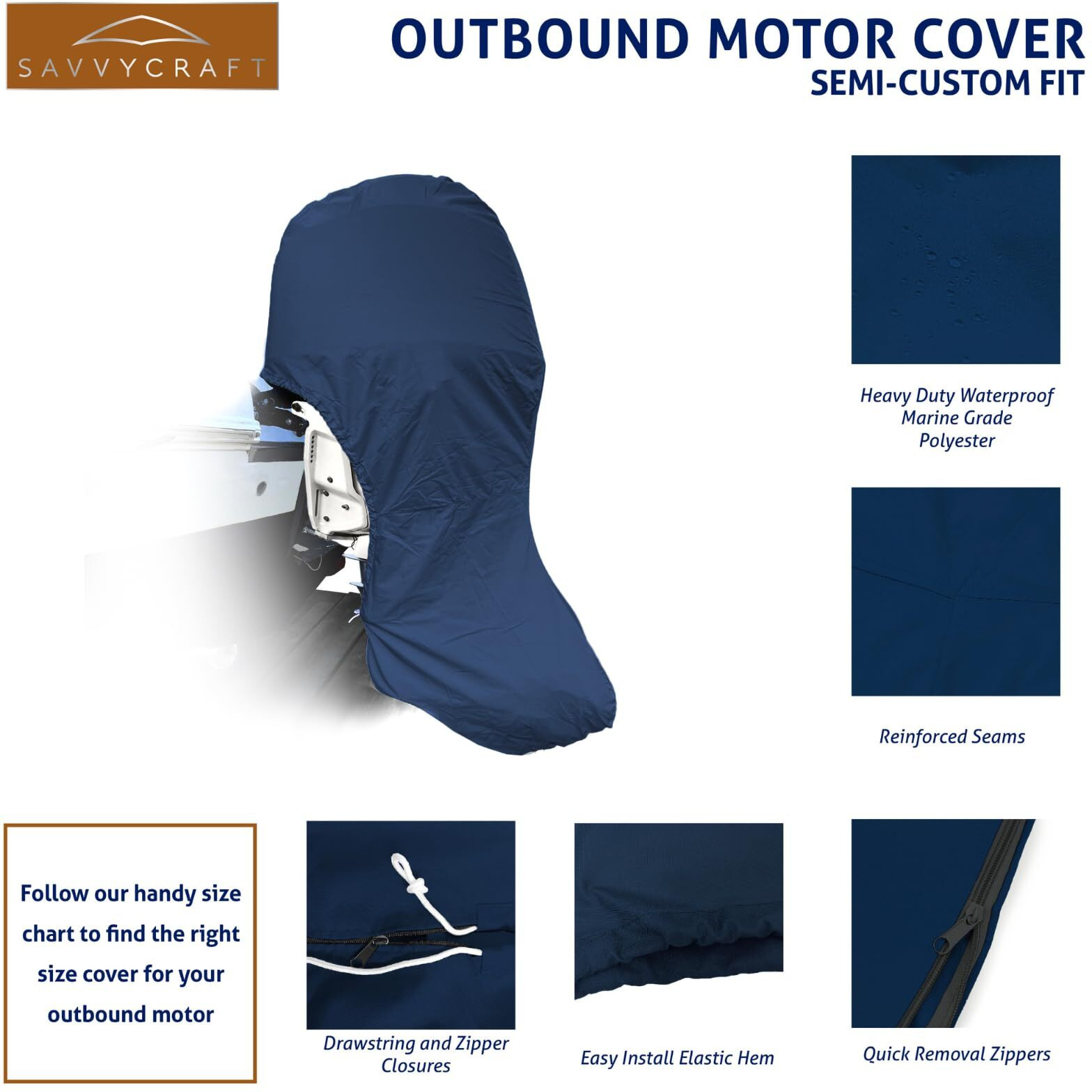 Savvycraft Heavy Duty Outboard Motor Cover  Waterproof 600D Polyester Full Size Boat Engine Cover For Motor Up To 175-225 Hp Navy Color