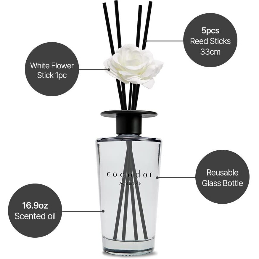 Cocodor White Flower Reed Diffuser / April Breeze / 1 Pack / Home & Office Decor Aromatherapy Diffuser Oil Gift Set / Large Size  Large Capacity  Big Size Diffuser  Black Edition/16.9Ounce(500 Ml)