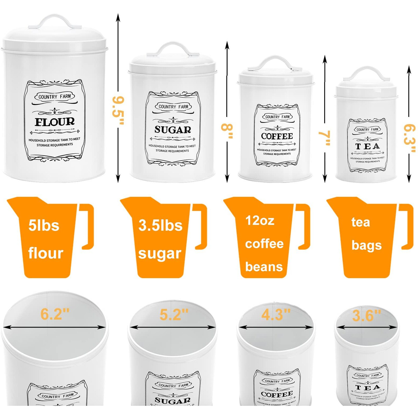 Yarlung Set Of 4 Kitchen Canisters With Airtight Lids  Coffee Tea Sugar Flour Metal Tin Jars Nesting Food Storage Container Set For Farmhouse Decor  Countertop Pantry Organizer  4 Sizes White
