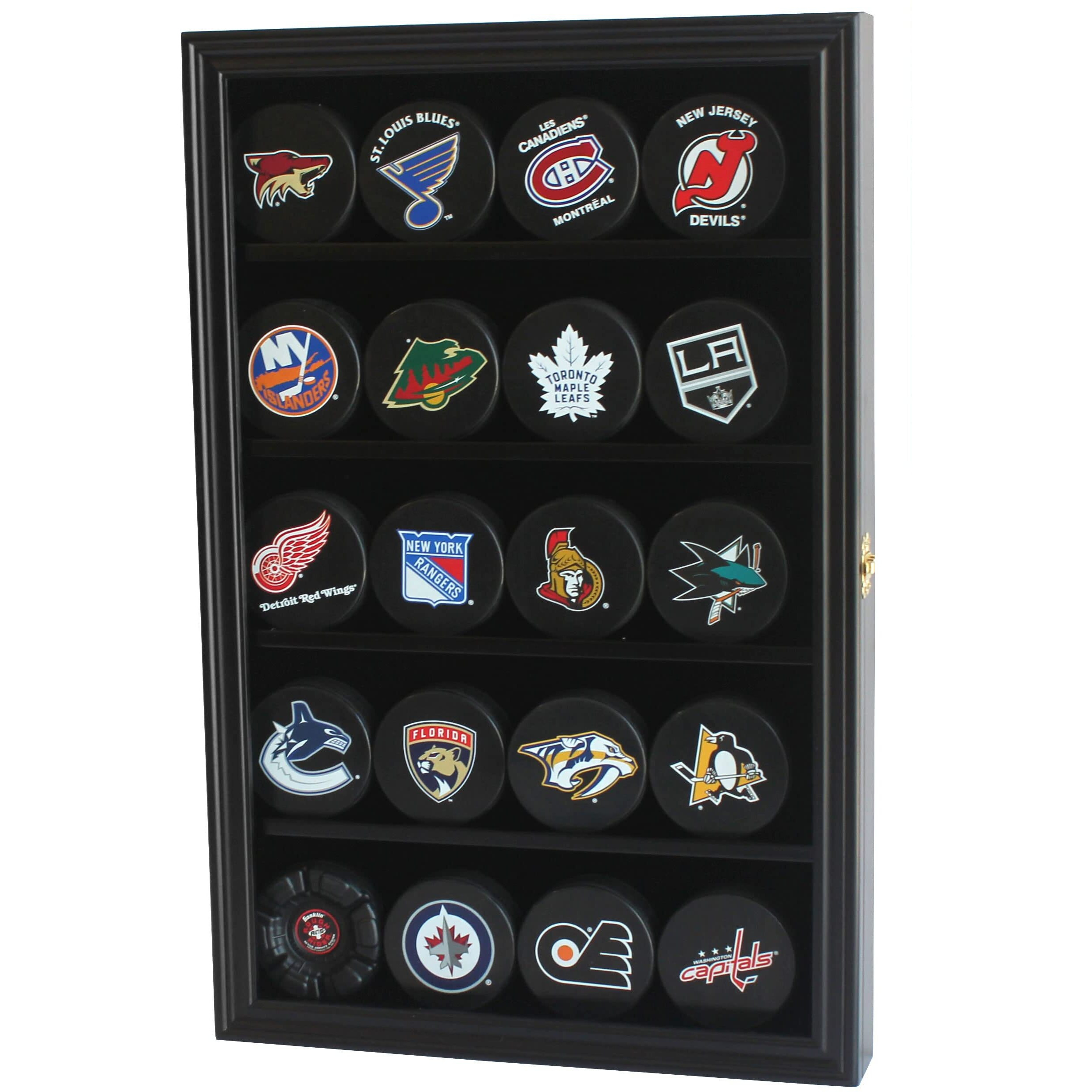 20 Hockey Puck Display Case Cabinet Holder Wall Rack 98% Uv Protection Also Fits Pucks In Square Plastic Case (Black Finish)