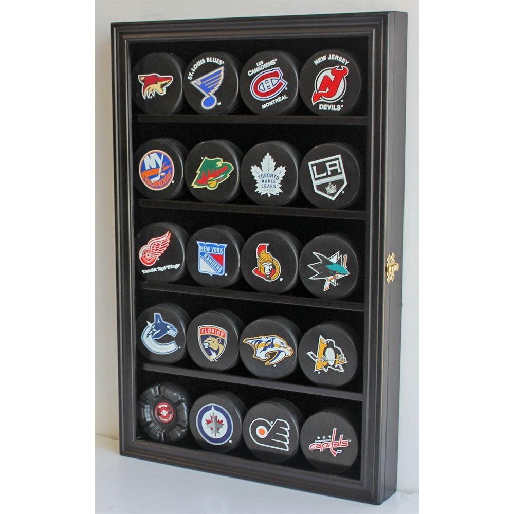 20 Hockey Puck Display Case Cabinet Holder Wall Rack 98% Uv Protection Also Fits Pucks In Square Plastic Case (Black Finish)