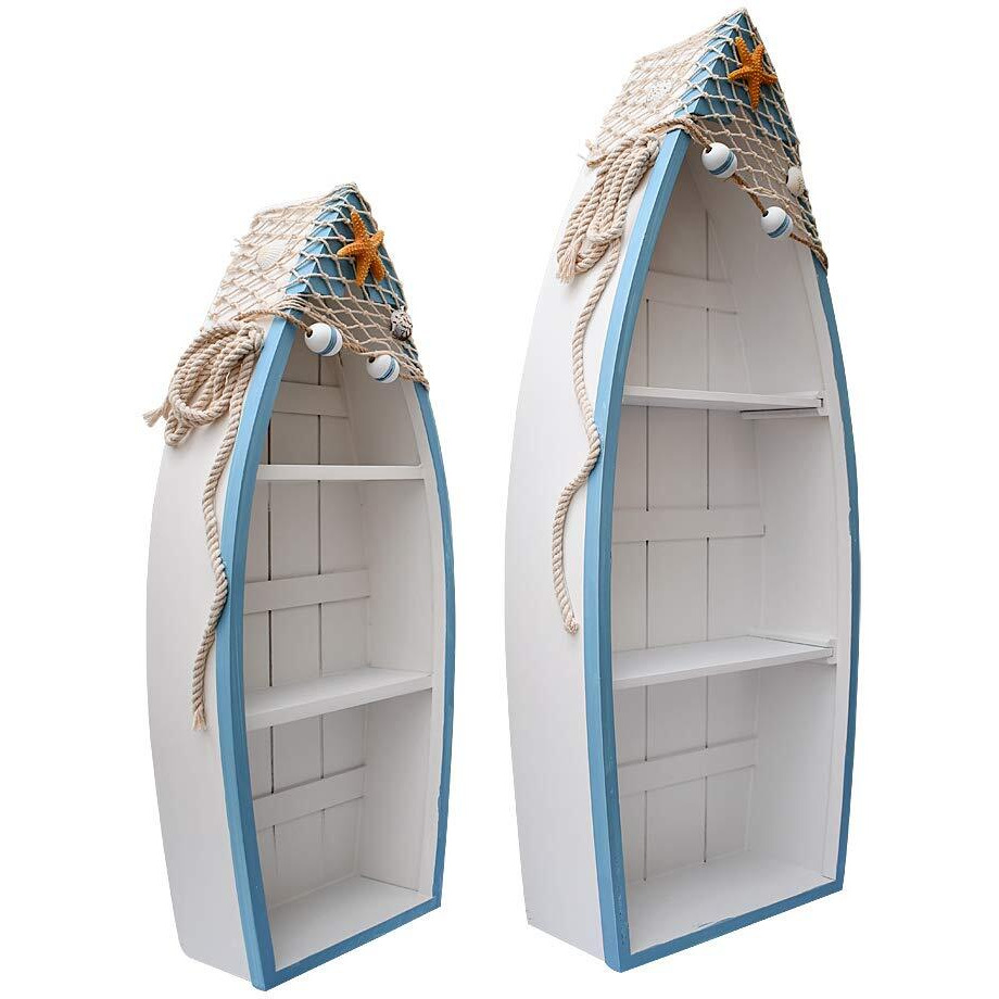 Attraction Design Wooden Boat Shelf Set Of 2  Beach Theme Standing Display Boat With 3 Shelves Fish Net Star Fish Shell Nautical Decor (Boat Shelf 2 Set)