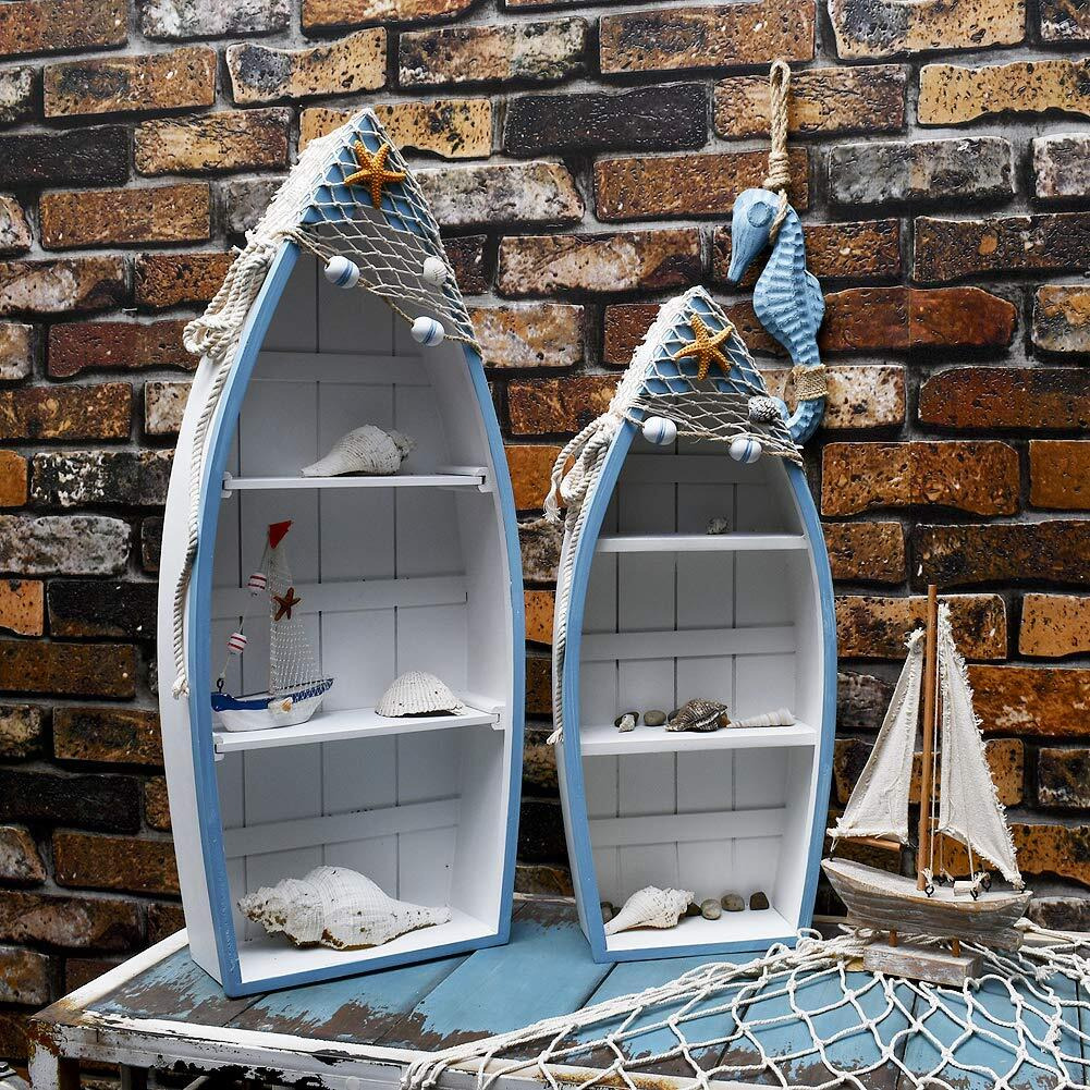 Attraction Design Wooden Boat Shelf Set Of 2  Beach Theme Standing Display Boat With 3 Shelves Fish Net Star Fish Shell Nautical Decor (Boat Shelf 2 Set)