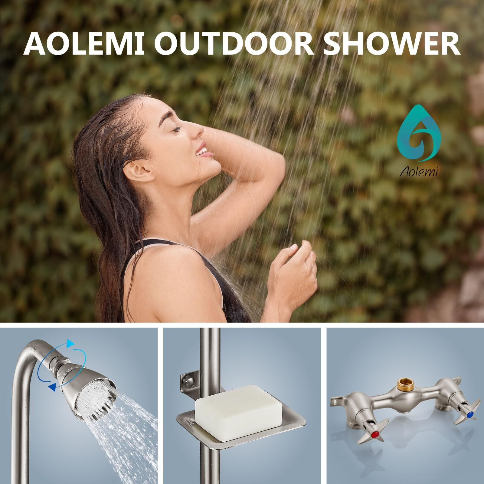 Aolemi Outdoor Shower Kit Outdoor Shower Fixtures Faucet System With High Pressure Showerhead 2-Handle Exposed Shower With Brass Mix Valve 6 Inch Center With Soap Dish Brushed Nickel